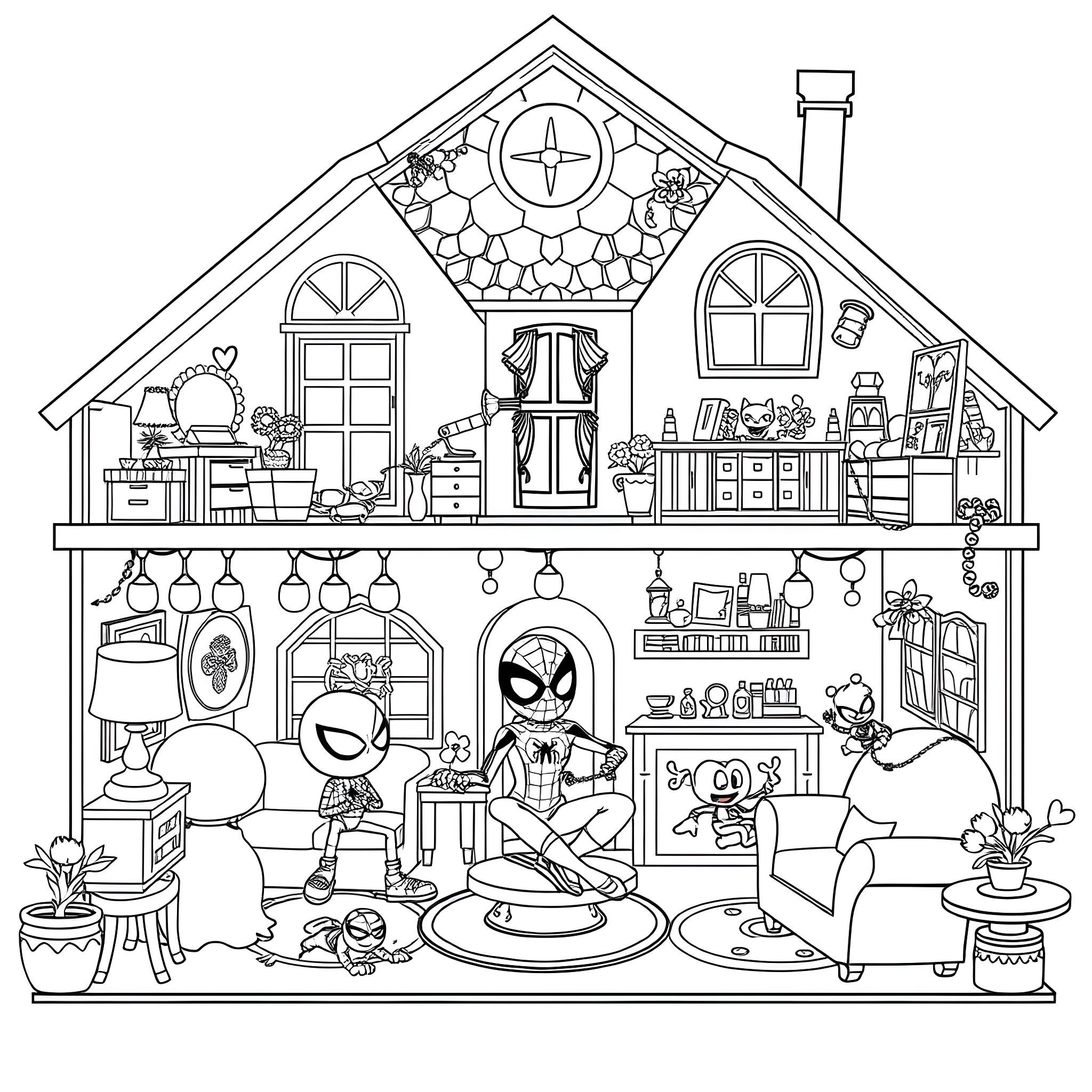 Dollhouse with Spiderman-themed decor and accessories Coloring Page (free black-and-white line drawing printable PDF for all, from beginners to advanced learners, including children, teens, adults, and seniors)