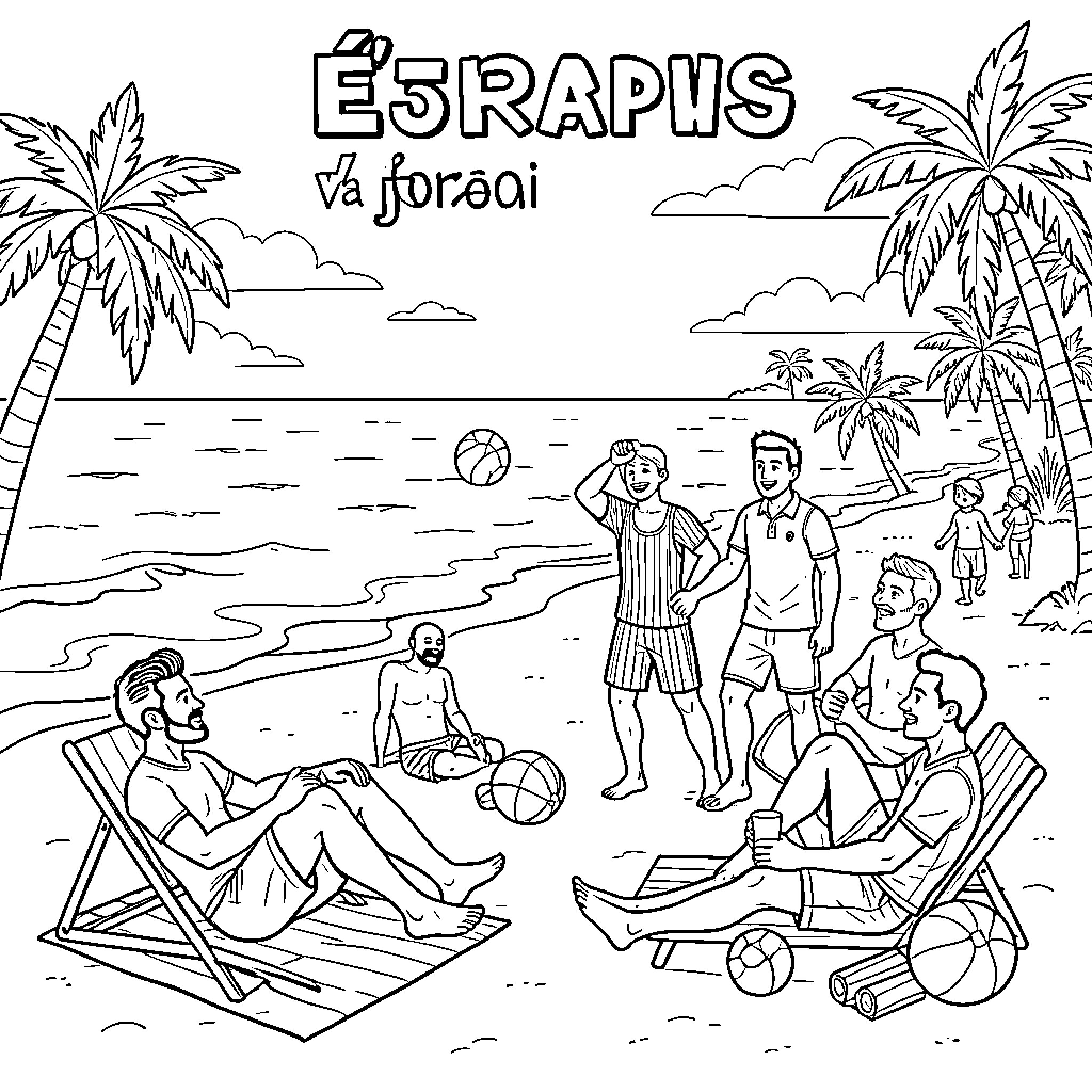 PSG people relaxing and playing games at the beach Coloring Page (free black-and-white line drawing printable PDF for all, from beginners to advanced learners, including children, teens, adults, and seniors)