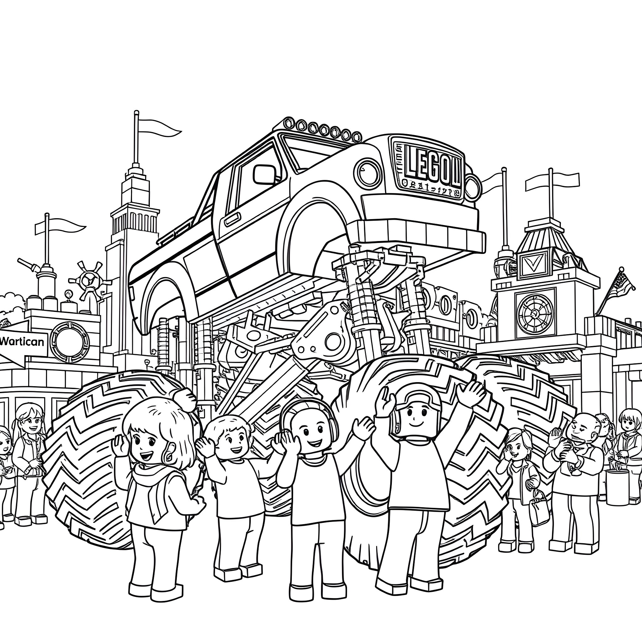 Monster Truck Excites Crowd at Lego-Themed Event Coloring Page (free black-and-white line drawing printable PDF for all, from beginners to advanced learners, including children, teens, adults, and seniors)