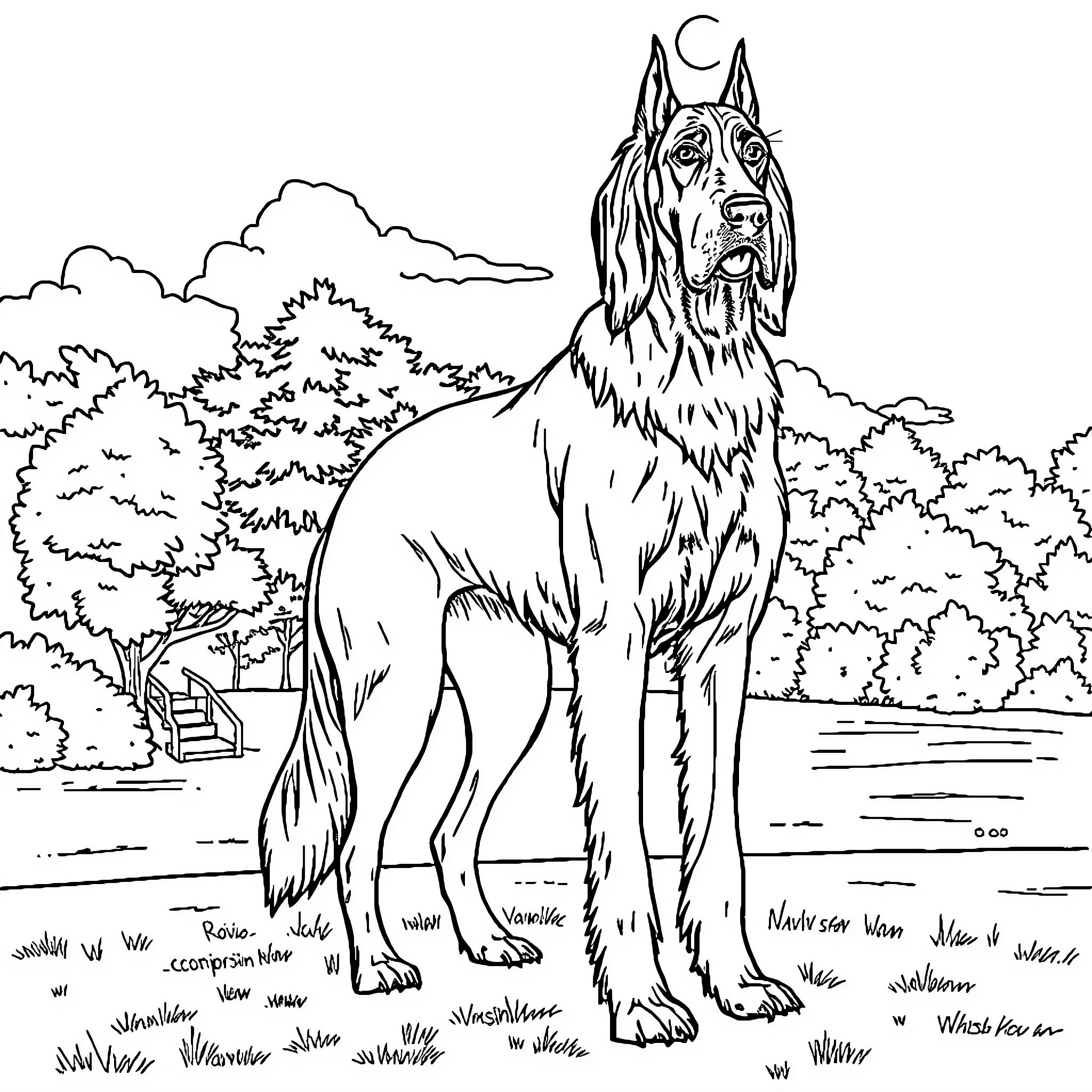 Irish Wolfhound standing majestically in a natural landscape Coloring Page (free black-and-white line drawing printable PDF for all, from beginners to advanced learners, including children, teens, adults, and seniors)