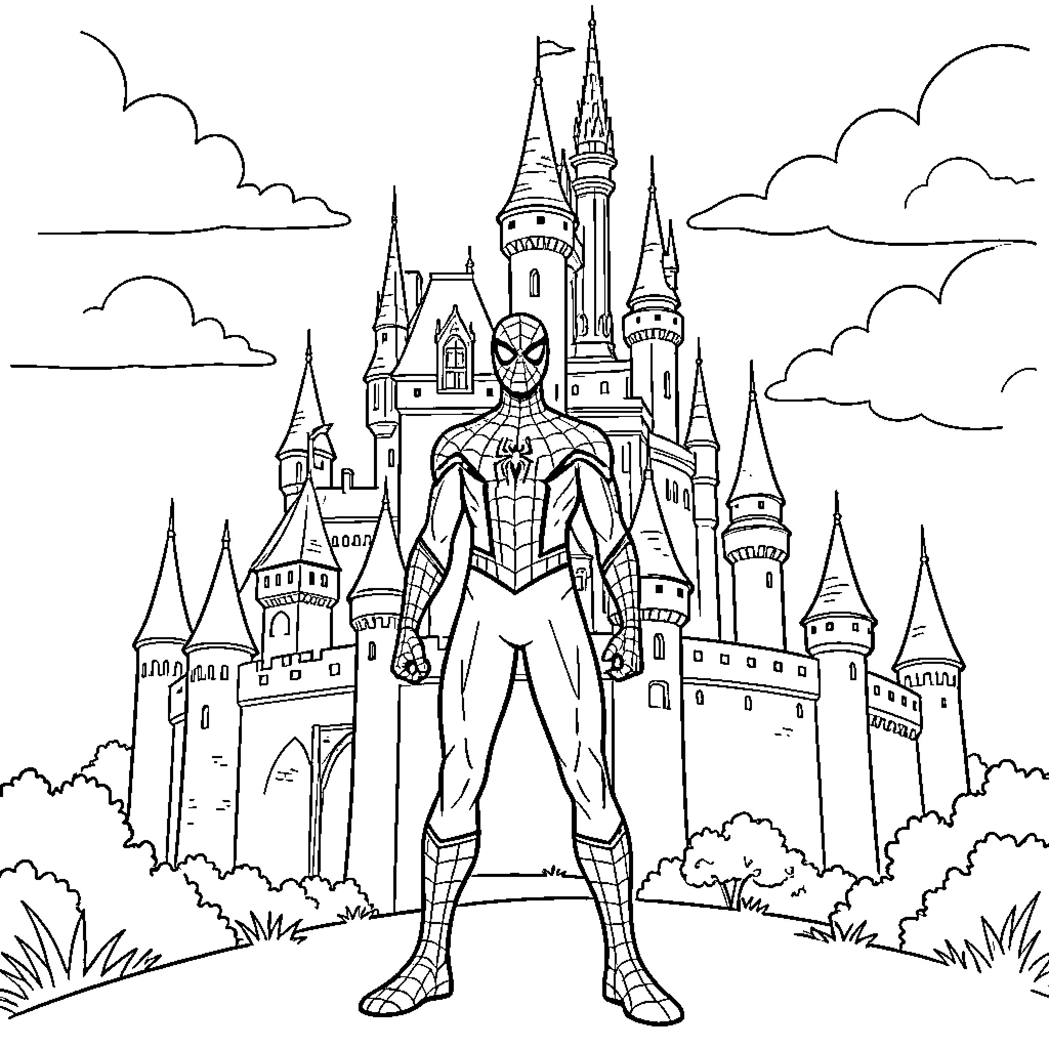 Spiderman standing heroically in front of a large castle Coloring Page (free black-and-white line drawing printable PDF for all, from beginners to advanced learners, including children, teens, adults, and seniors)