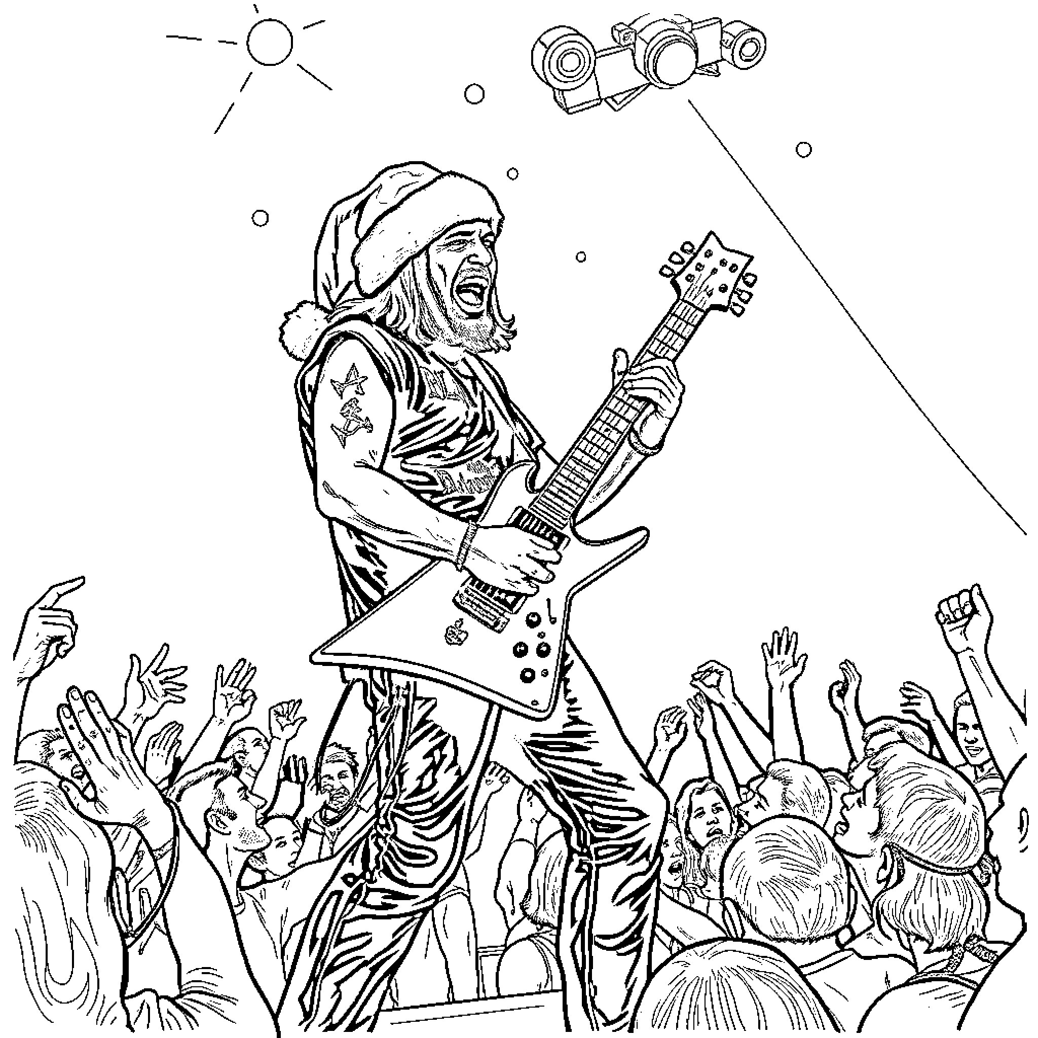 James Hetfield rocking out on stage with electric guitar Coloring Page (free black-and-white line drawing printable PDF for all, from beginners to advanced learners, including children, teens, adults, and seniors)