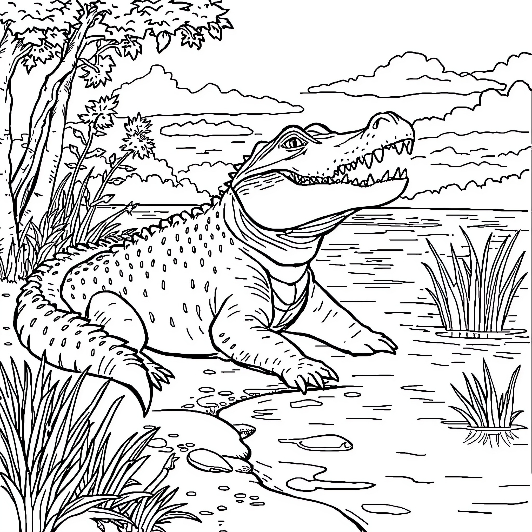 Alligator swimming in a peaceful pond Coloring Page (free black-and-white line drawing printable PDF for all, from beginners to advanced learners, including children, teens, adults, and seniors)