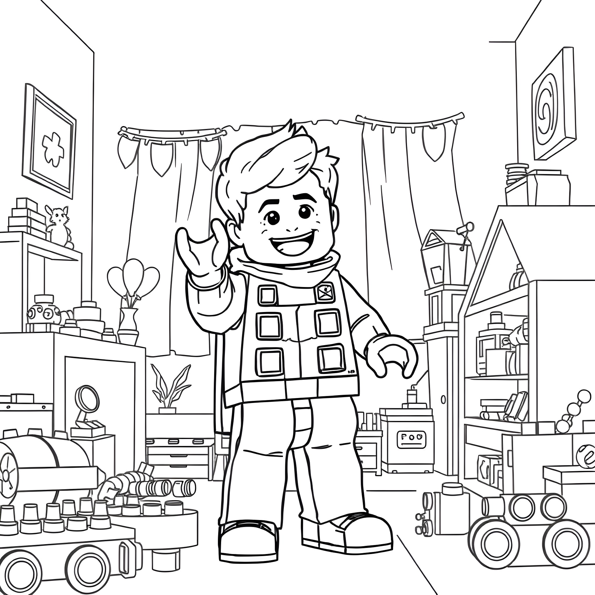 Boy playing in his colorful room Coloring Page (free black-and-white line drawing printable PDF for all, from beginners to advanced learners, including children, teens, adults, and seniors)