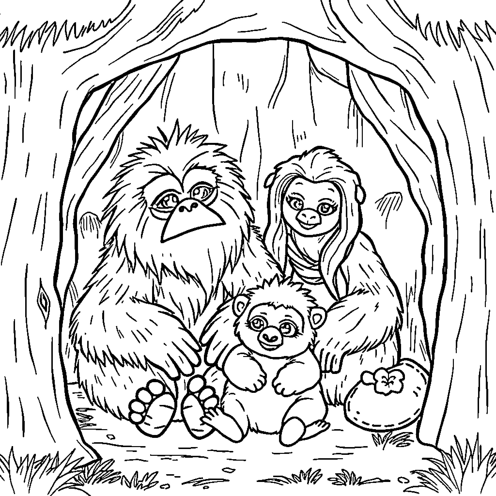 Yeti family hiding in the forest Coloring Page (free black-and-white line drawing printable PDF for all, from beginners to advanced learners, including children, teens, adults, and seniors)