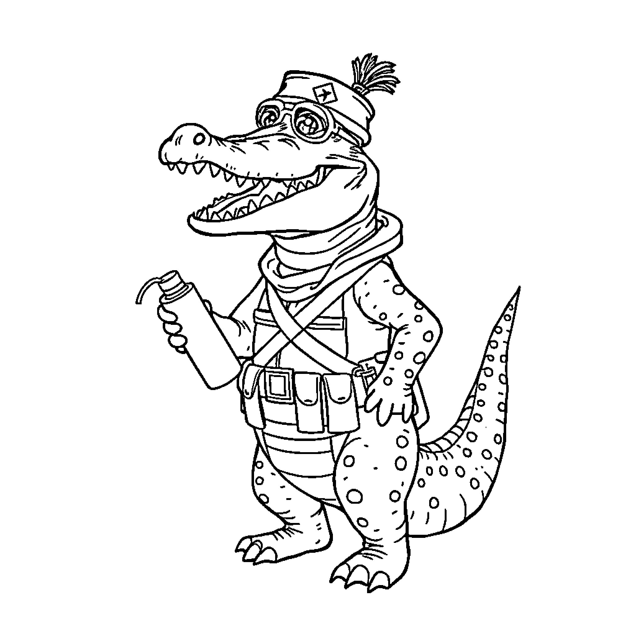 Bombardier Crocodile Blasting Away with Gear Coloring Page (free black-and-white line drawing printable PDF for all, from beginners to advanced learners, including children, teens, adults, and seniors)