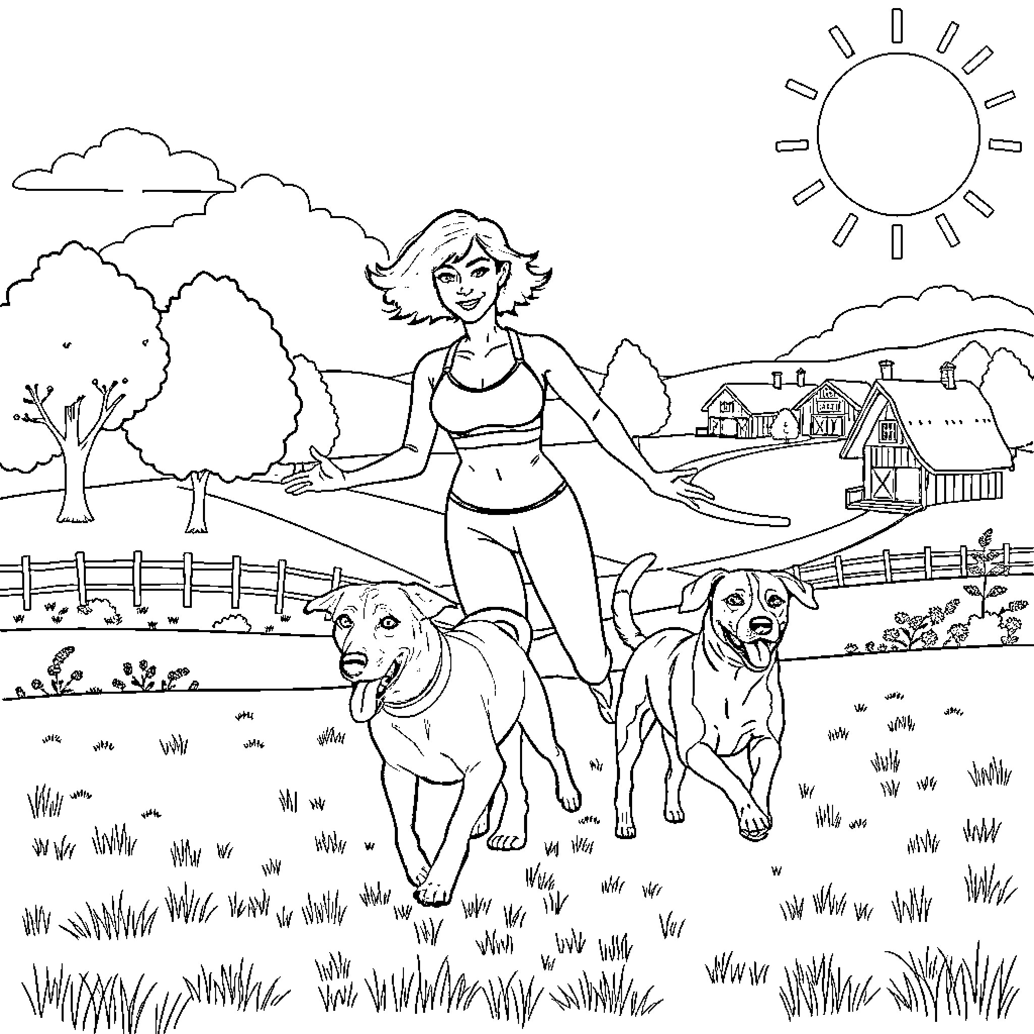Lady walking her dogs in the countryside Coloring Page (free black-and-white line drawing printable PDF for all, from beginners to advanced learners, including children, teens, adults, and seniors)