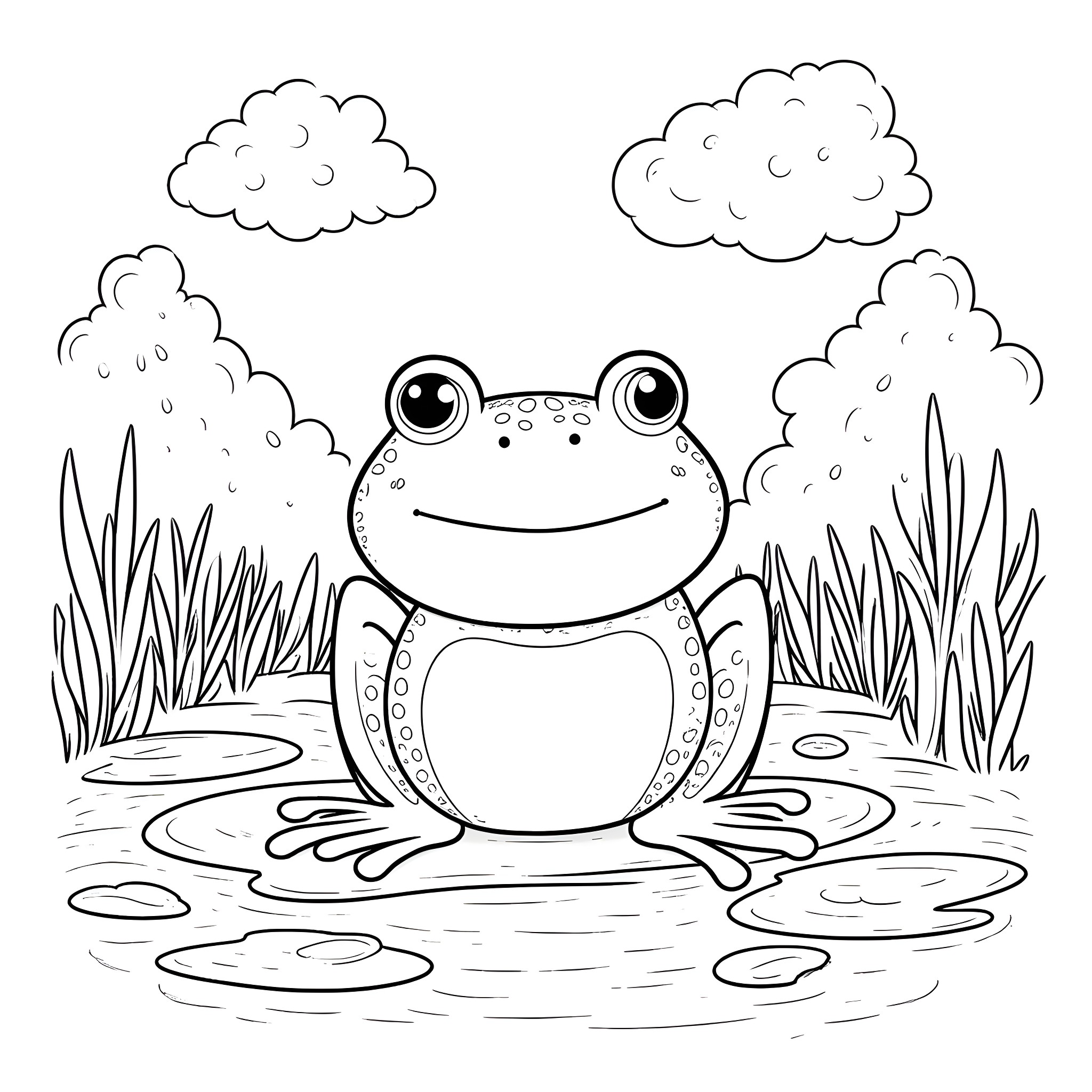 Frog resting contentedly in the pond Coloring Page (free black-and-white line drawing printable PDF for all, from beginners to advanced learners, including children, teens, adults, and seniors)