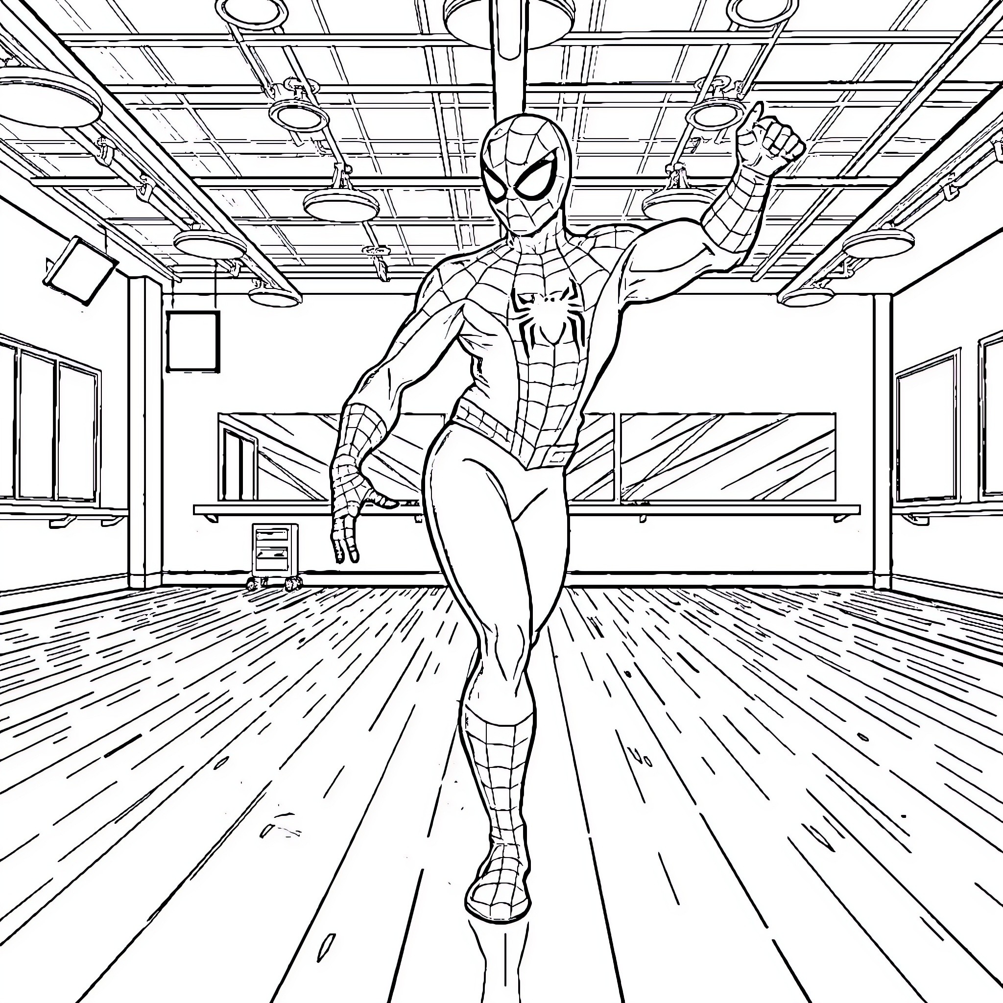 Spiderman swinging through a building Coloring Page (free black-and-white line drawing printable PDF for all, from beginners to advanced learners, including children, teens, adults, and seniors)