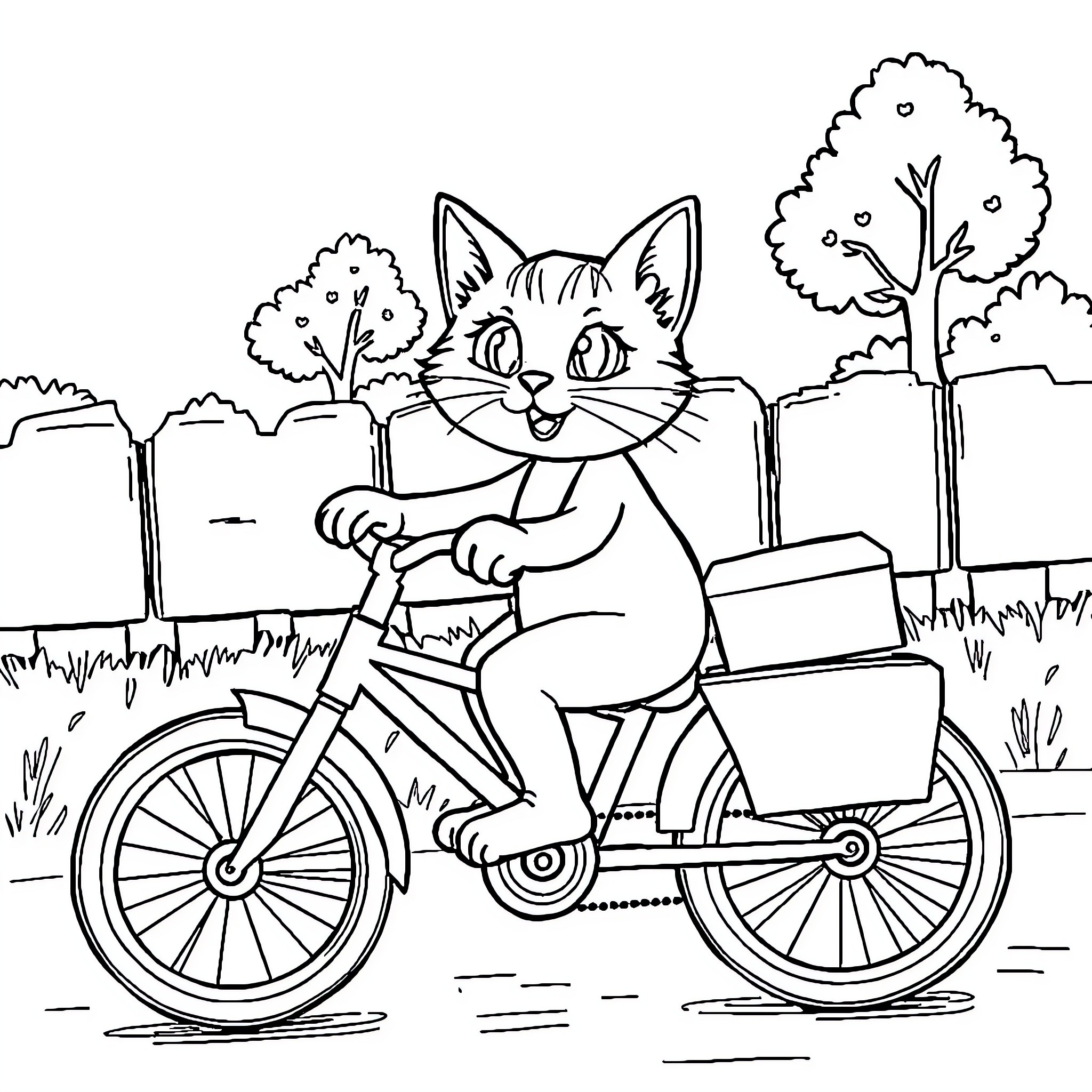 Gaby the cat riding a bicycle in the park Coloring Page (free black-and-white line drawing printable PDF for all, from beginners to advanced learners, including children, teens, adults, and seniors)