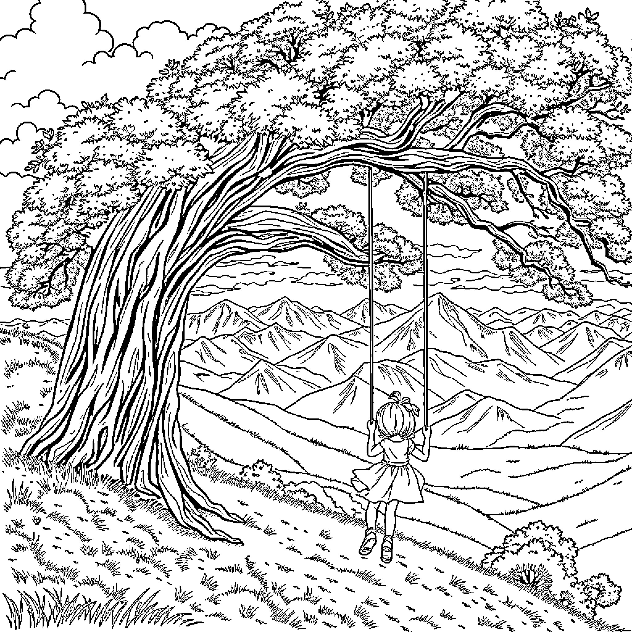 Tree with person on a swing in the mountains Coloring Page (free black-and-white line drawing printable PDF for all, from beginners to advanced learners, including children, teens, adults, and seniors)