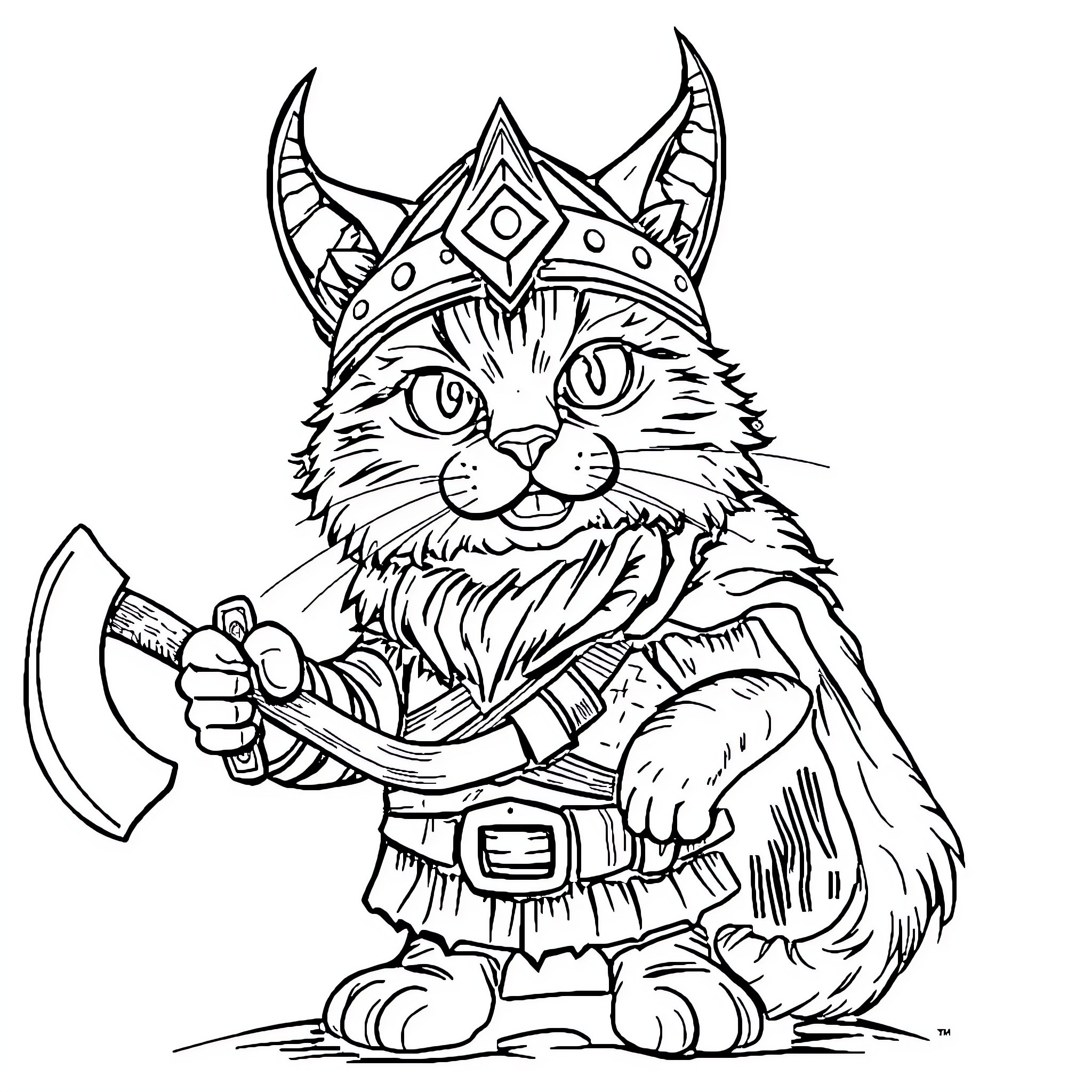 Cat warrior wielding an axe Coloring Page (free black-and-white line drawing printable PDF for all, from beginners to advanced learners, including children, teens, adults, and seniors)