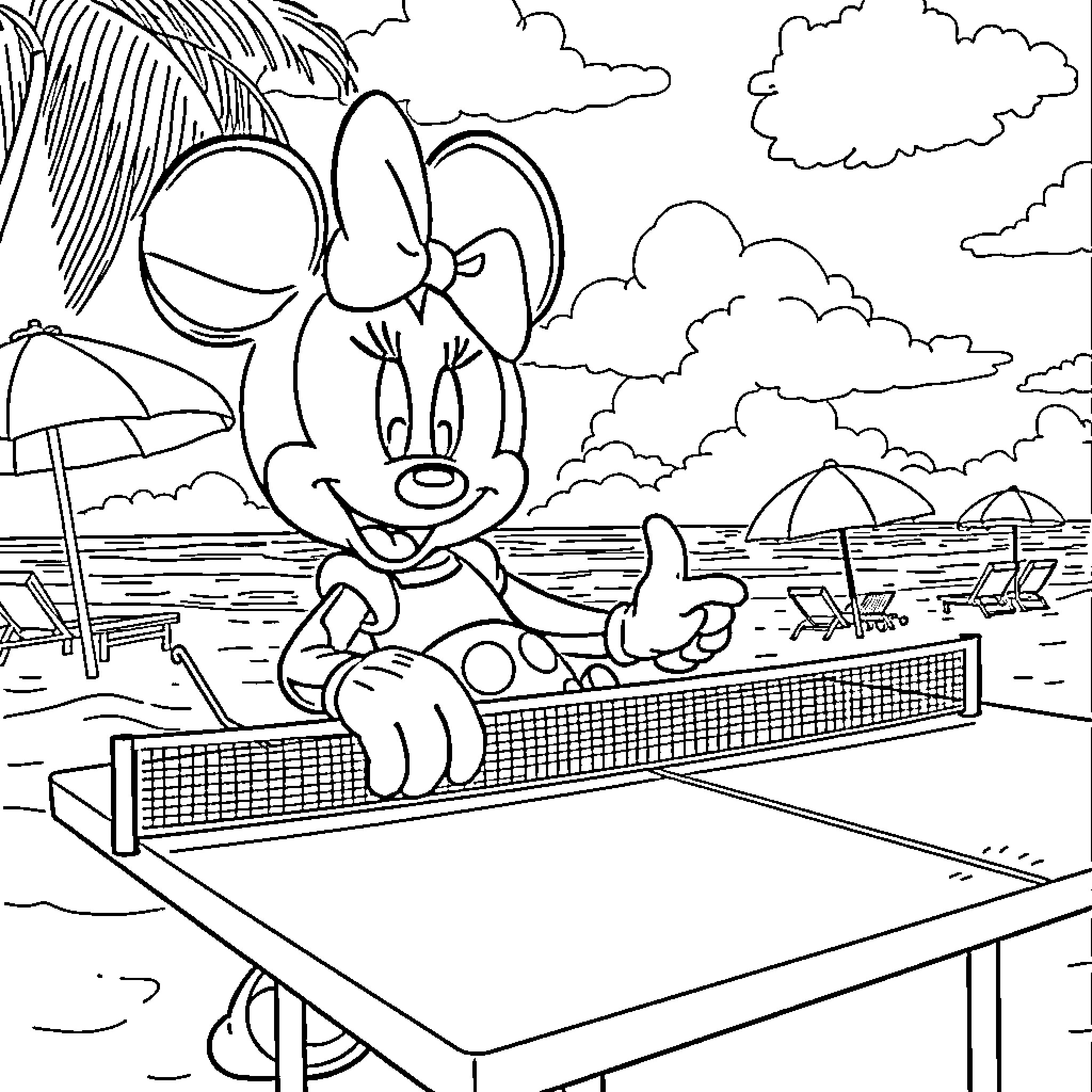 Minnie Mouse playing table tennis at the beach Coloring Page (free black-and-white line drawing printable PDF for all, from beginners to advanced learners, including children, teens, adults, and seniors)