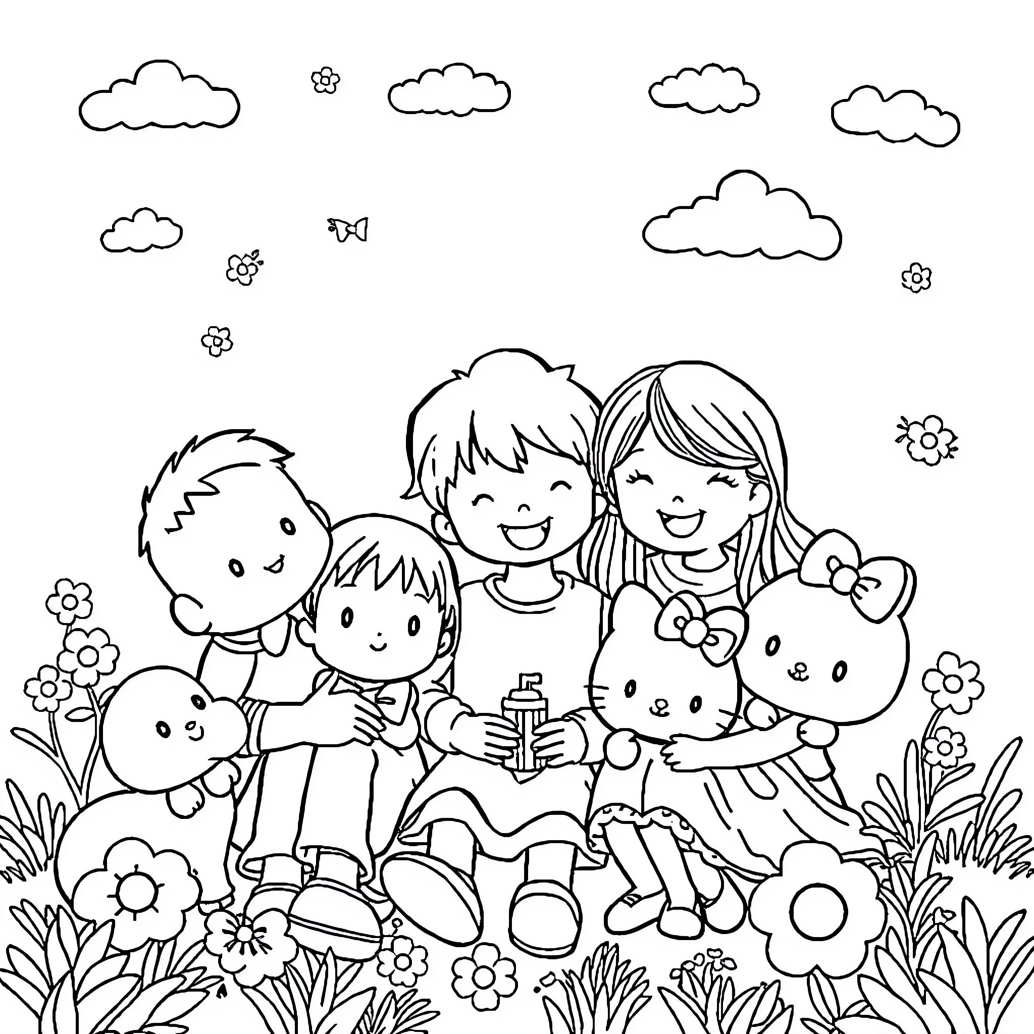 Sanrio characters enjoying a sunny day outdoors Coloring Page (free black-and-white line drawing printable PDF for all, from beginners to advanced learners, including children, teens, adults, and seniors)