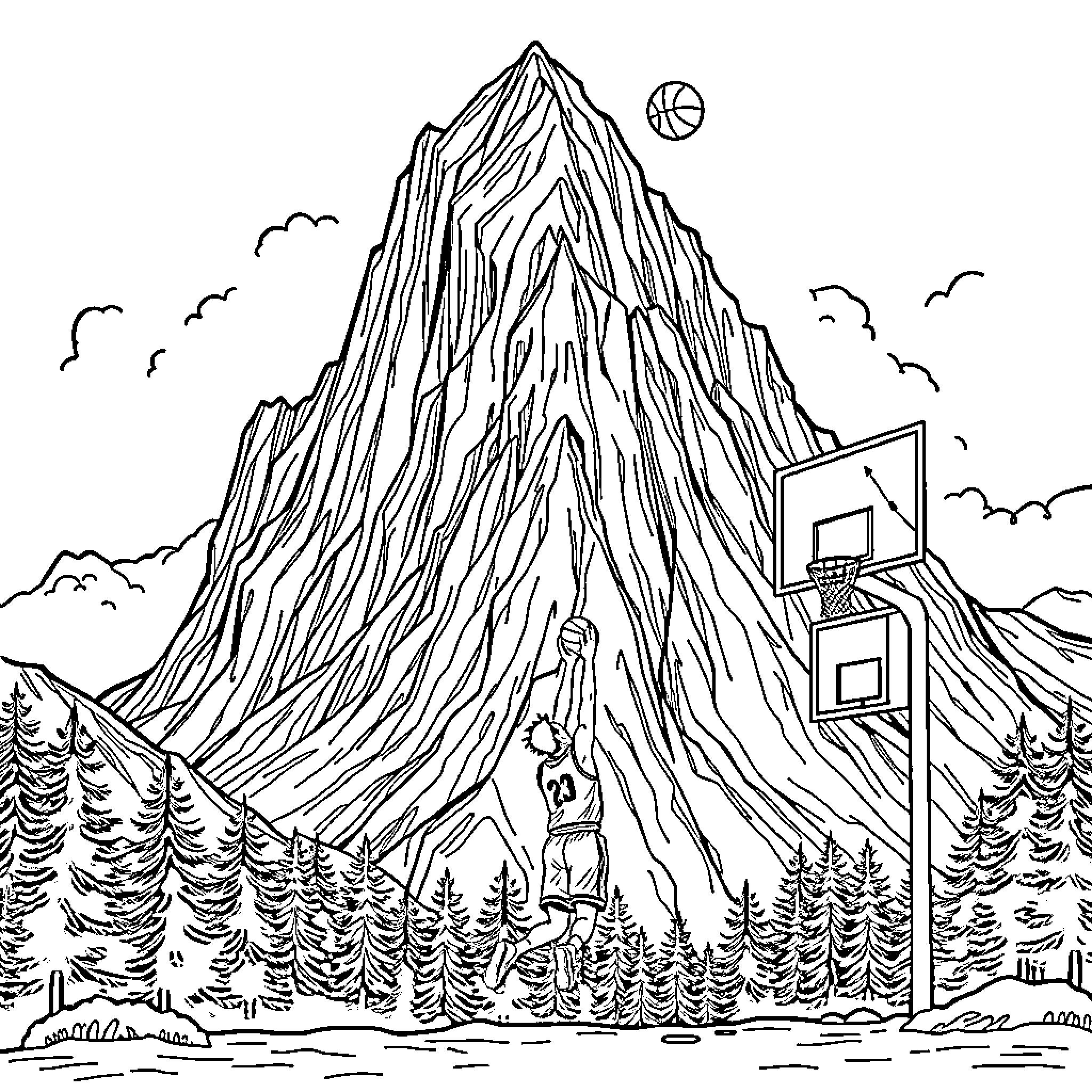 Basketball Player Dunking on Mountainous Landscape Coloring Page (free black-and-white line drawing printable PDF for all, from beginners to advanced learners, including children, teens, adults, and seniors)