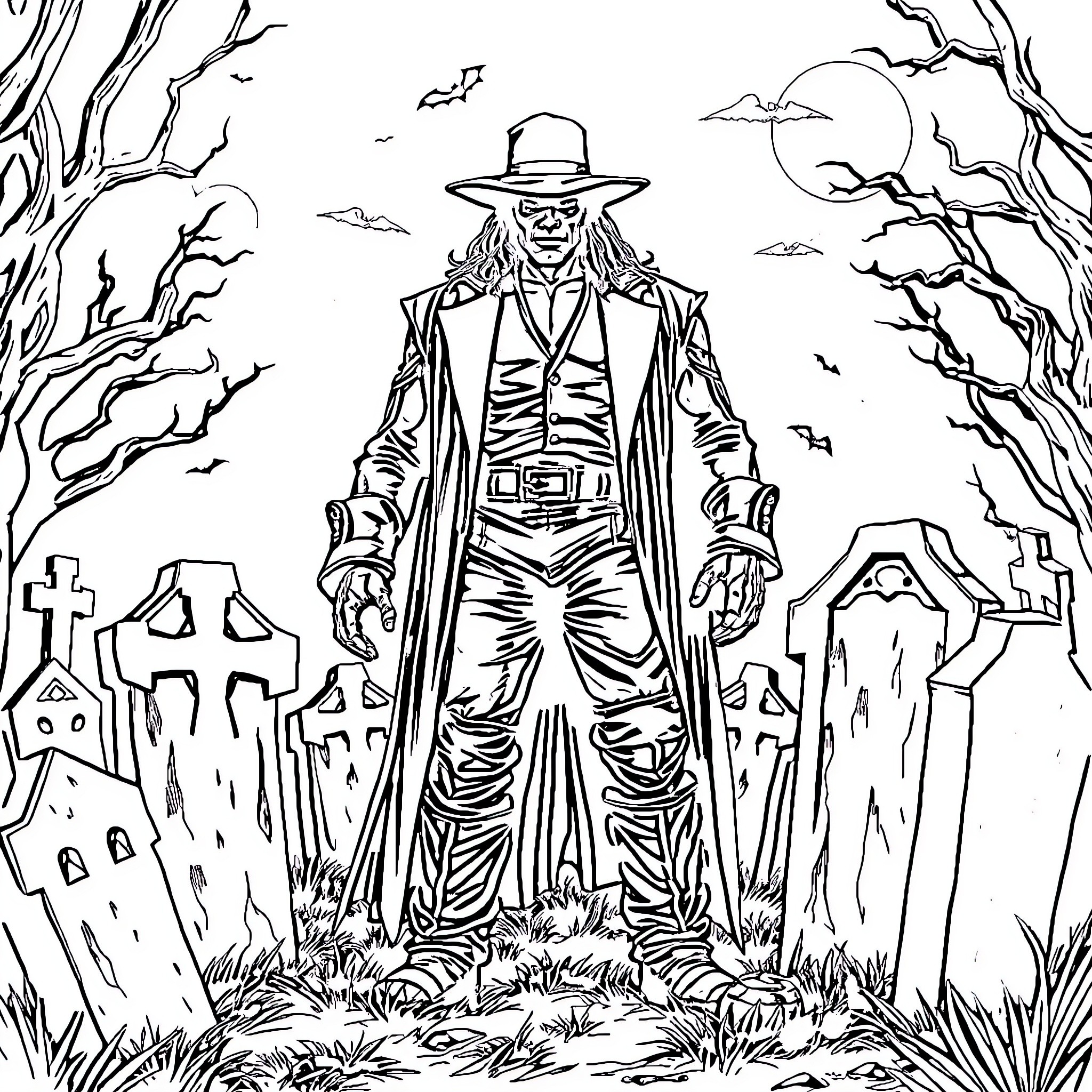 Undertaker wandering through the eerie graveyard Coloring Page (free black-and-white line drawing printable PDF for all, from beginners to advanced learners, including children, teens, adults, and seniors)