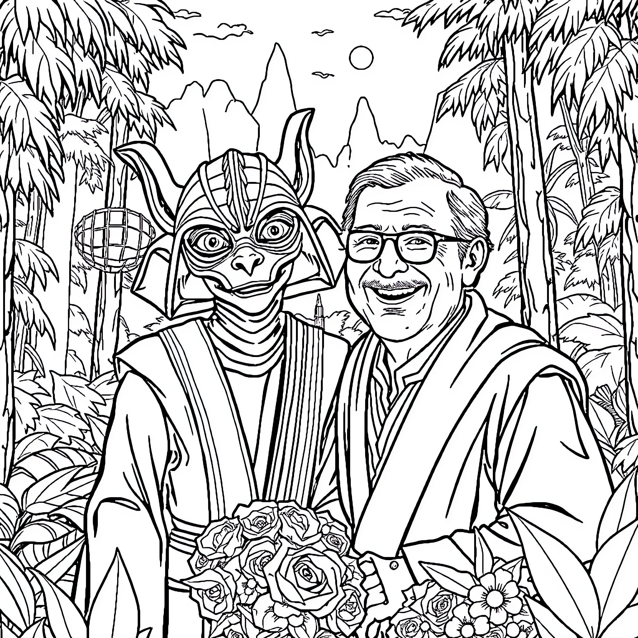 Jar Jar Binks and George Lucas in tropical paradise Coloring Page (free black-and-white line drawing printable PDF for all, from beginners to advanced learners, including children, teens, adults, and seniors)