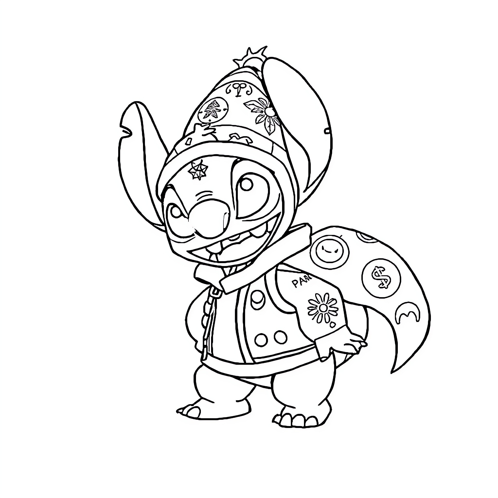 Stitch in a Patterned Outfit Coloring Page (free black-and-white line drawing printable PDF for all, from beginners to advanced learners, including children, teens, adults, and seniors)