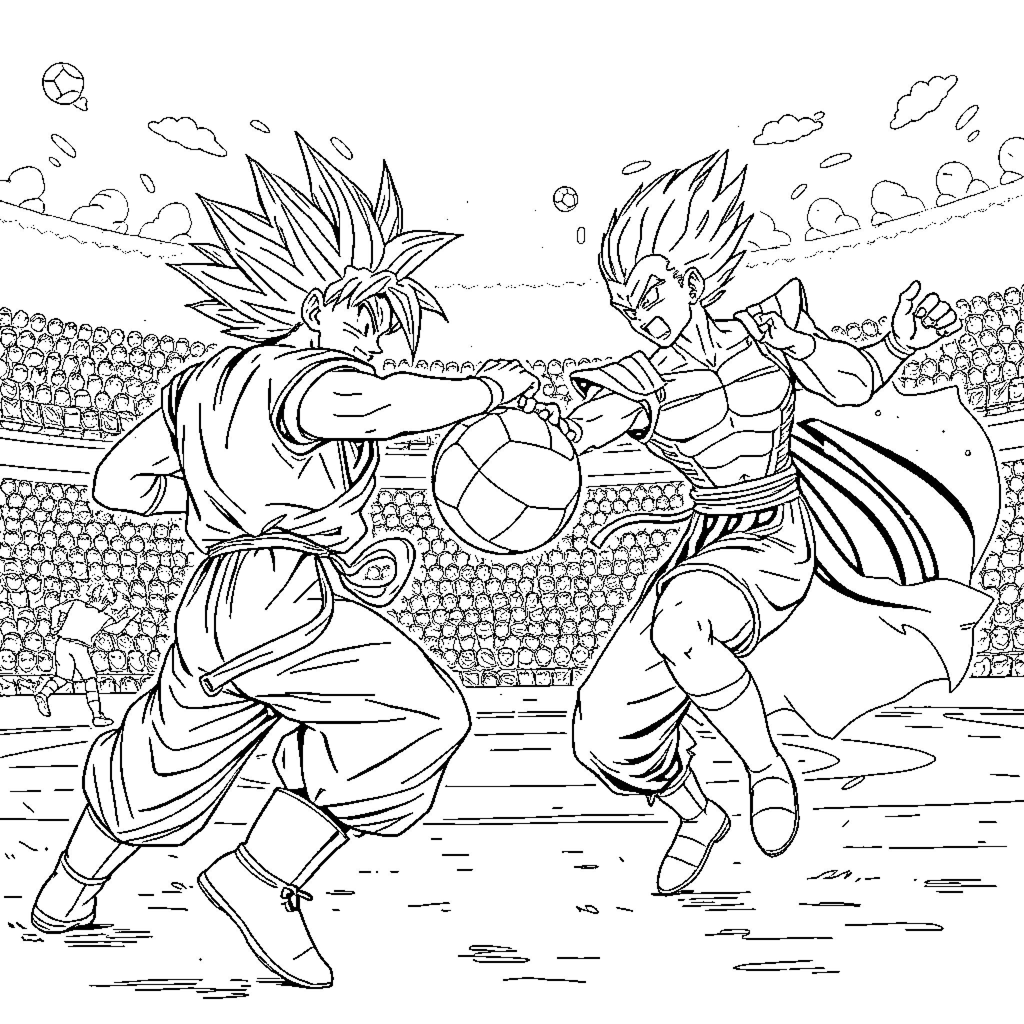 Basketball players in epic anime-style battle Coloring Page (free black-and-white line drawing printable PDF for all, from beginners to advanced learners, including children, teens, adults, and seniors)