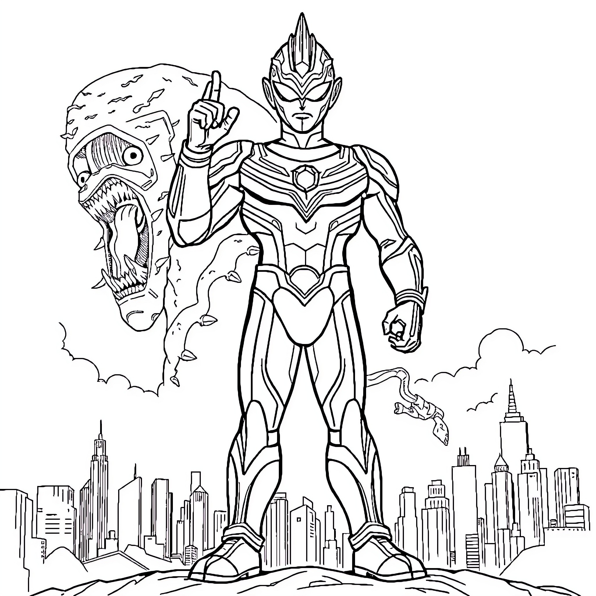 Ultraman battling a monstrous foe in the city Coloring Page (free black-and-white line drawing printable PDF for all, from beginners to advanced learners, including children, teens, adults, and seniors)