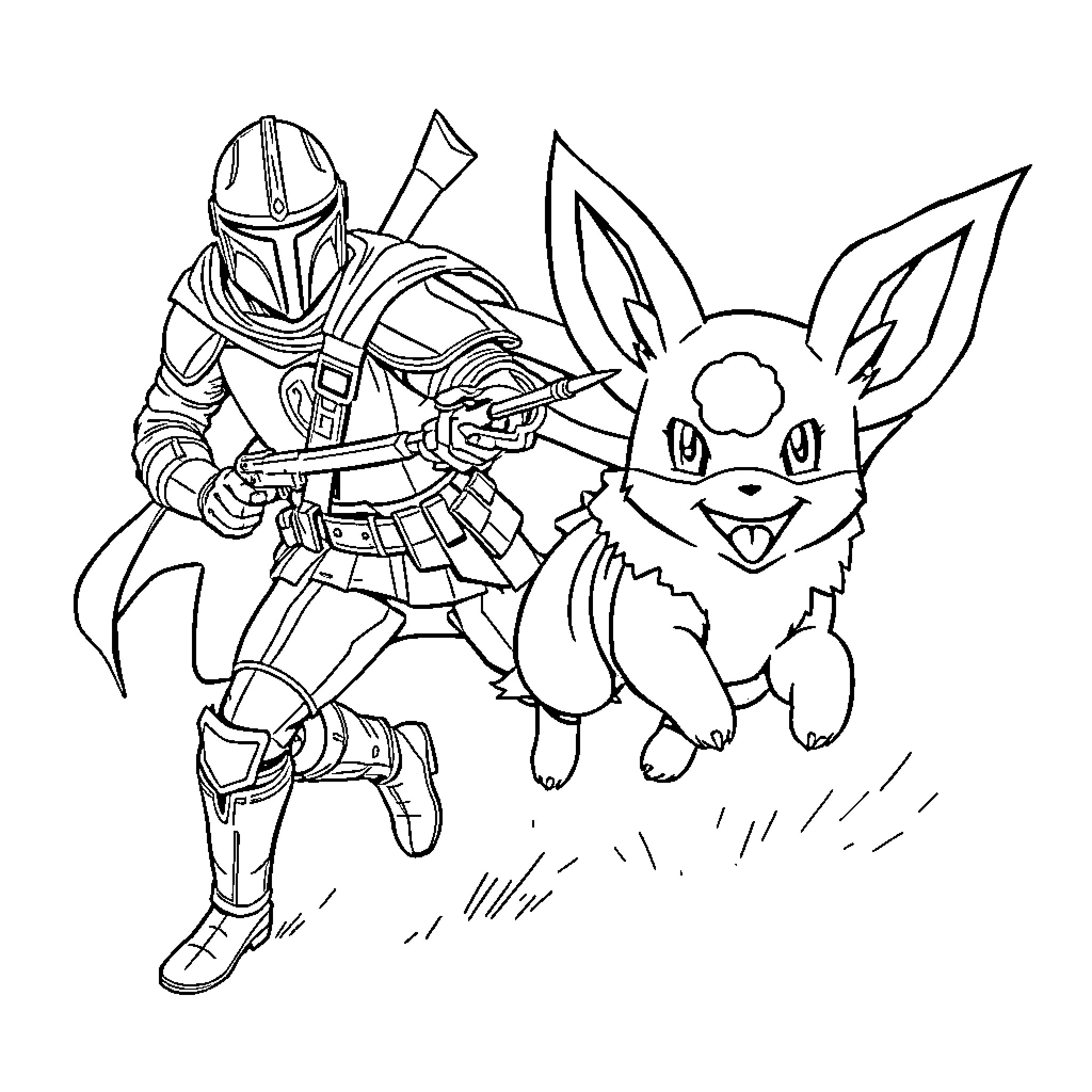 Mandalorian mercenary and companion creature Coloring Page (free black-and-white line drawing printable PDF for all, from beginners to advanced learners, including children, teens, adults, and seniors)