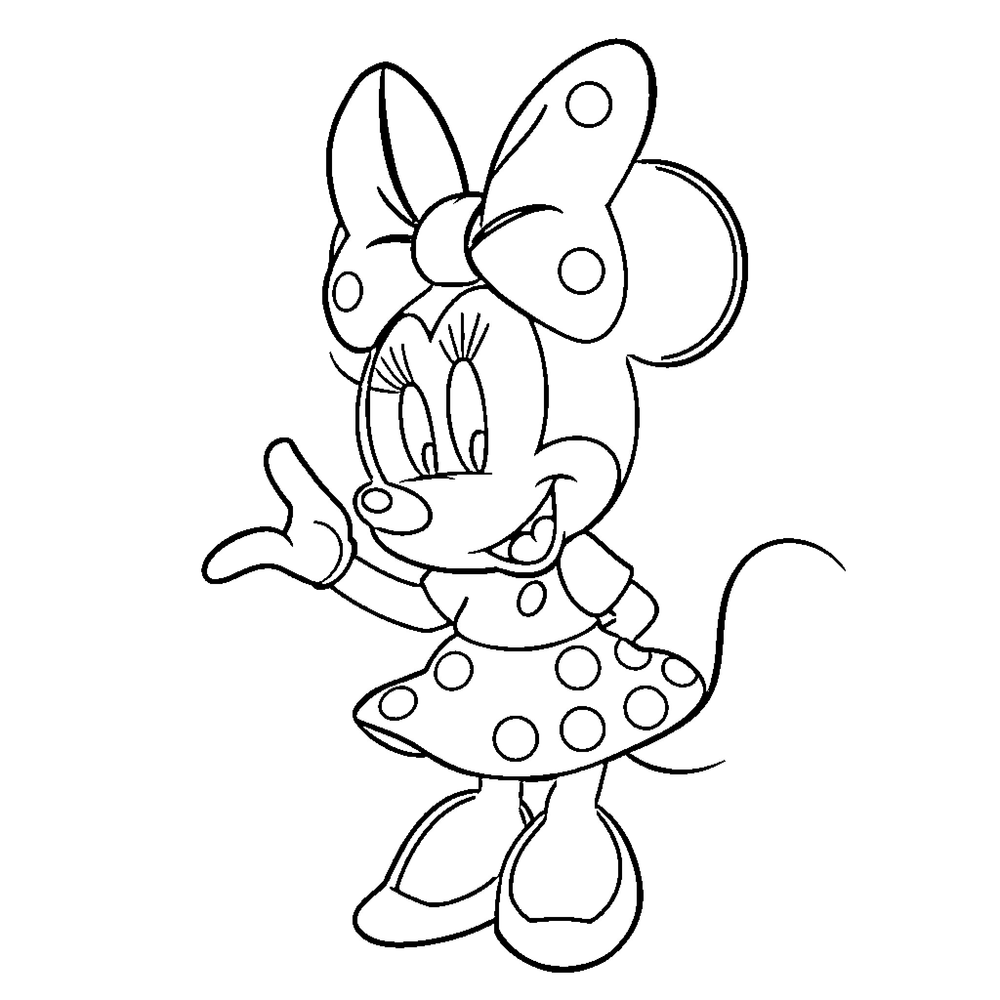 Minnie posing playfully in her polka dot dress Coloring Page (free black-and-white line drawing printable PDF for all, from beginners to advanced learners, including children, teens, adults, and seniors)