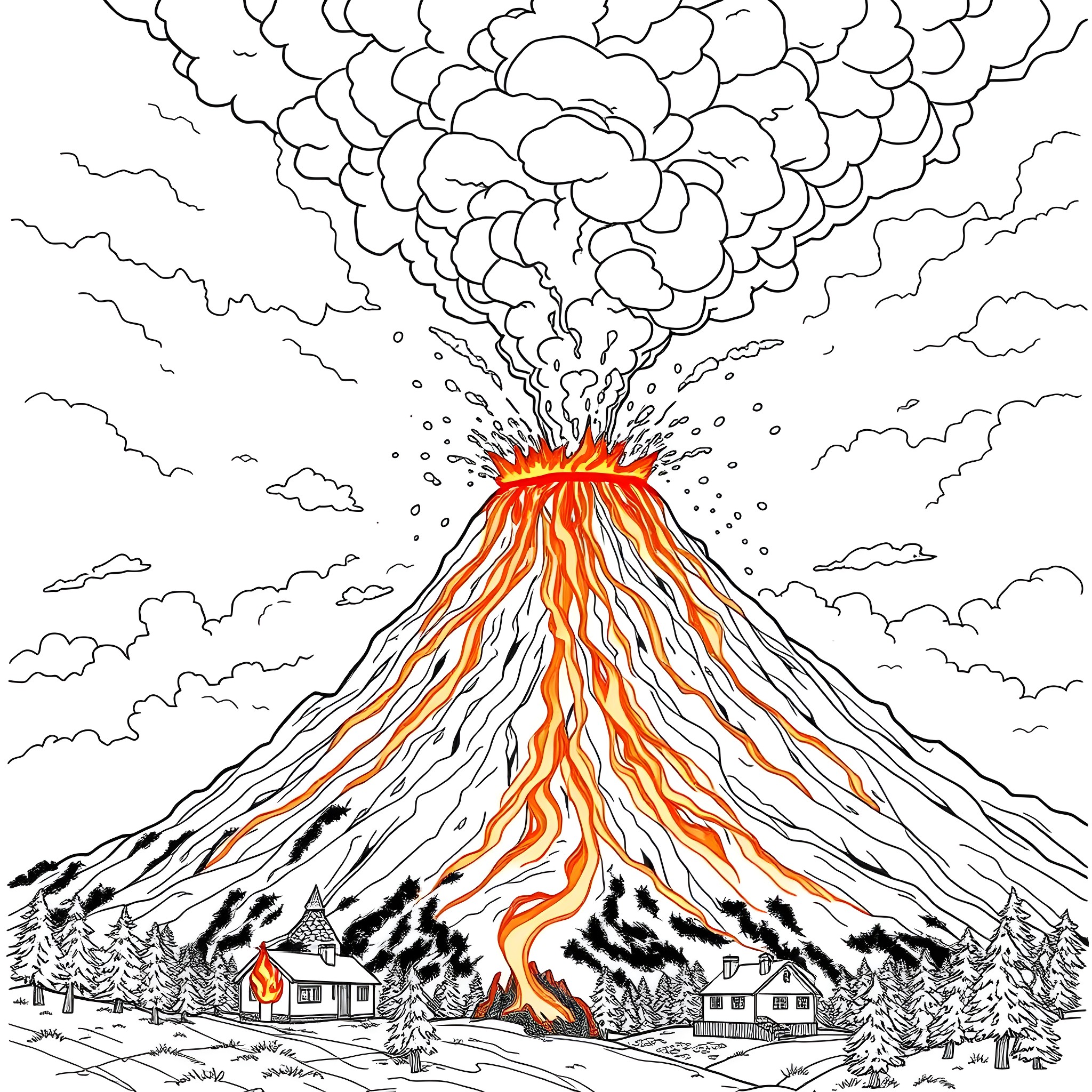 Volcano erupting violently in the distance Coloring Page (free black-and-white line drawing printable PDF for all, from beginners to advanced learners, including children, teens, adults, and seniors)