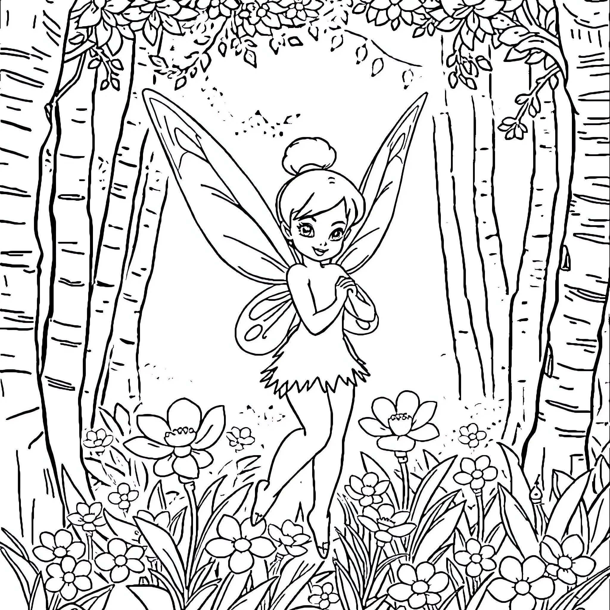 Tinkerbell exploring the enchanted forest Coloring Page (free black-and-white line drawing printable PDF for all, from beginners to advanced learners, including children, teens, adults, and seniors)