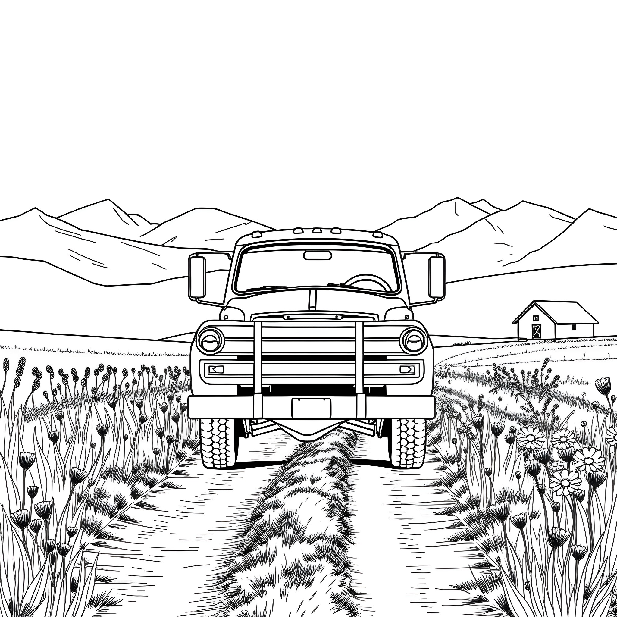 Flatbed Truck Hauling Cargo on Dirt Road Through Countryside Coloring Page (free black-and-white line drawing printable PDF for all, from beginners to advanced learners, including children, teens, adults, and seniors)