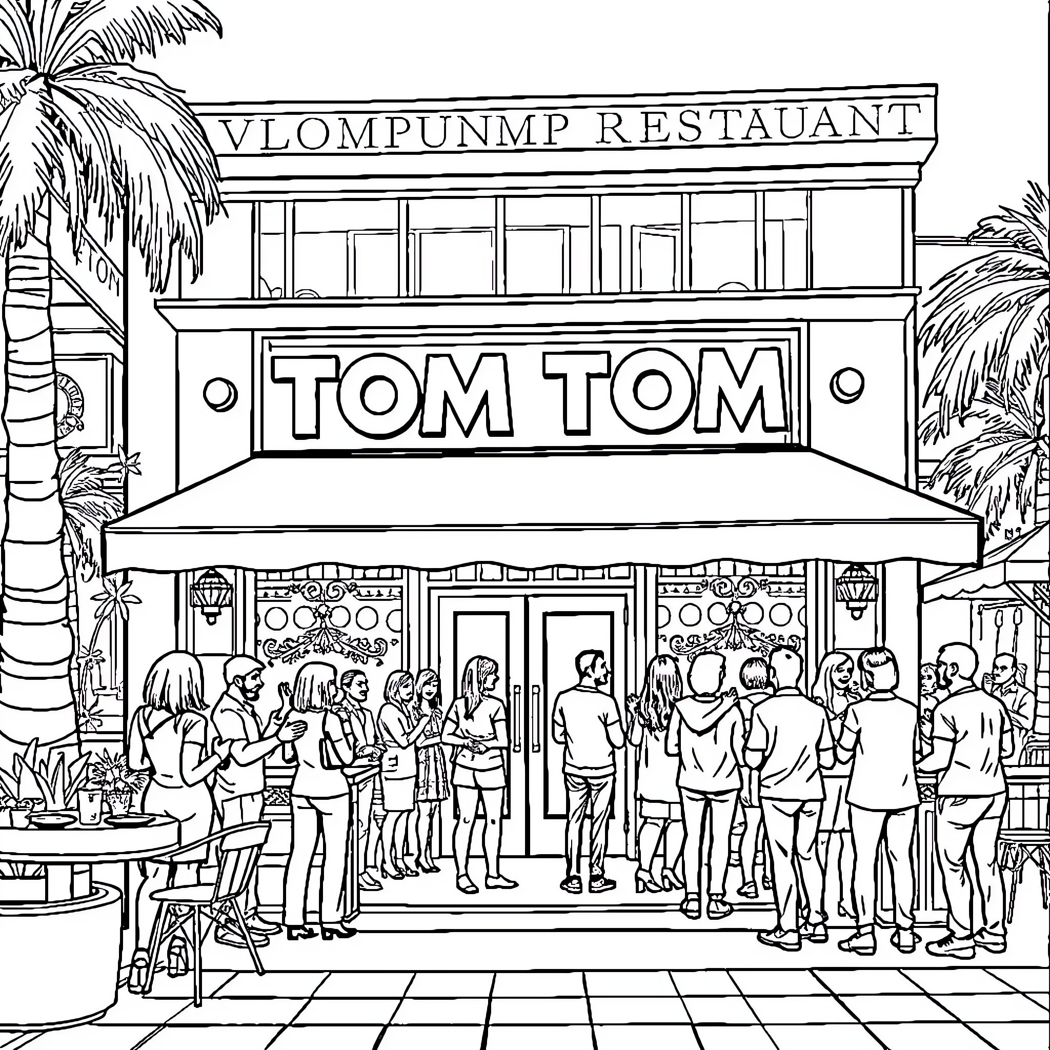 Restaurant with Crowd of Patrons Outside Coloring Page (free black-and-white line drawing printable PDF for all, from beginners to advanced learners, including children, teens, adults, and seniors)
