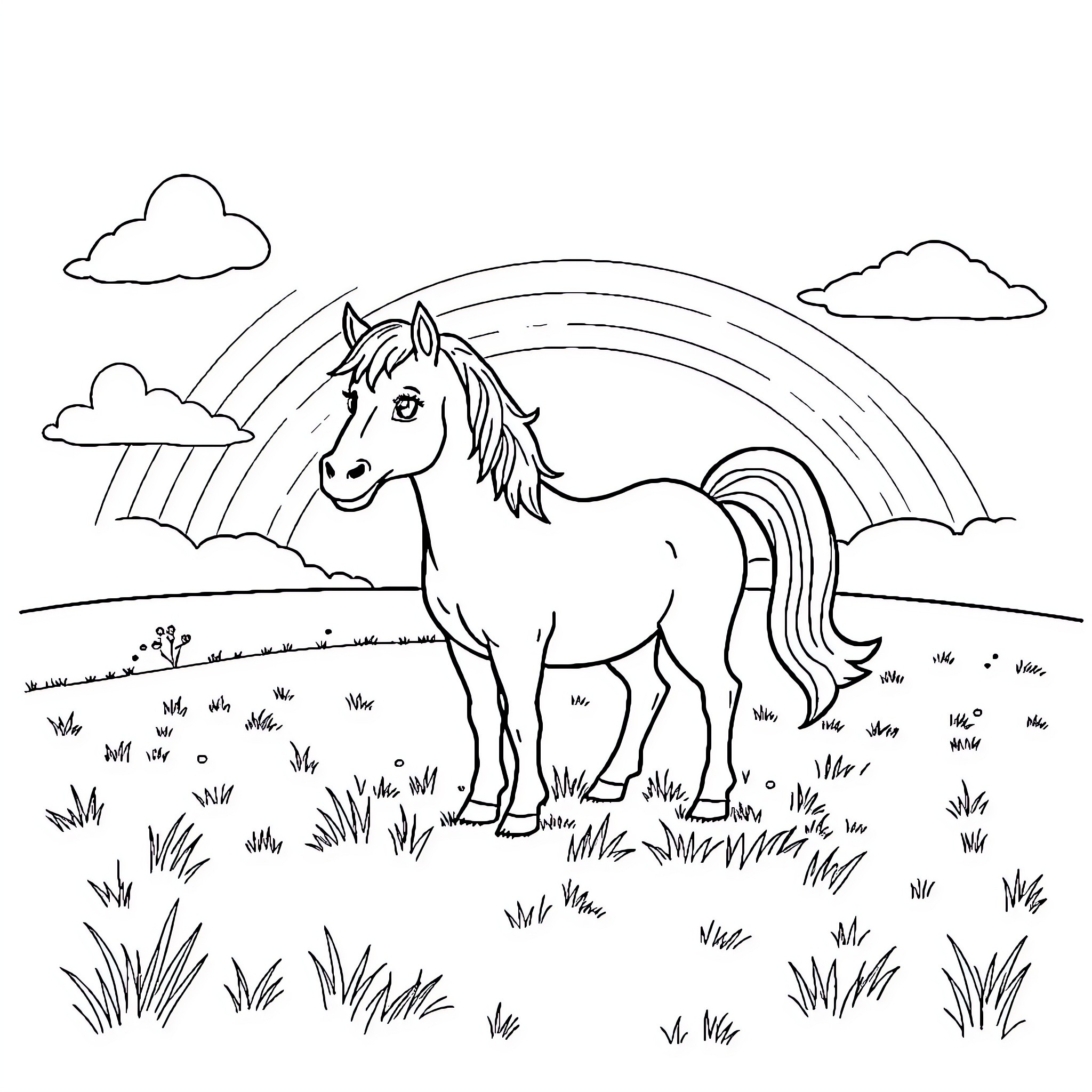 Pony Grazing in a Scenic Meadow Coloring Page (free black-and-white line drawing printable PDF for all, from beginners to advanced learners, including children, teens, adults, and seniors)
