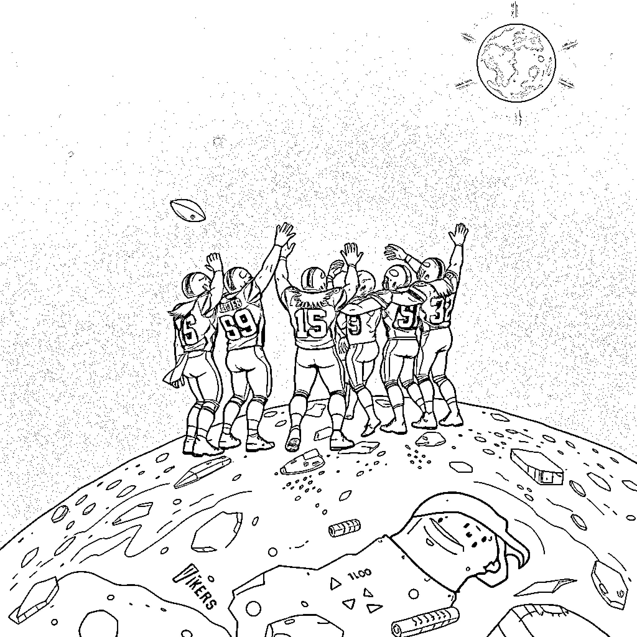 Vikings compete in intense sports match on distant planet Coloring Page (free black-and-white line drawing printable PDF for all, from beginners to advanced learners, including children, teens, adults, and seniors)