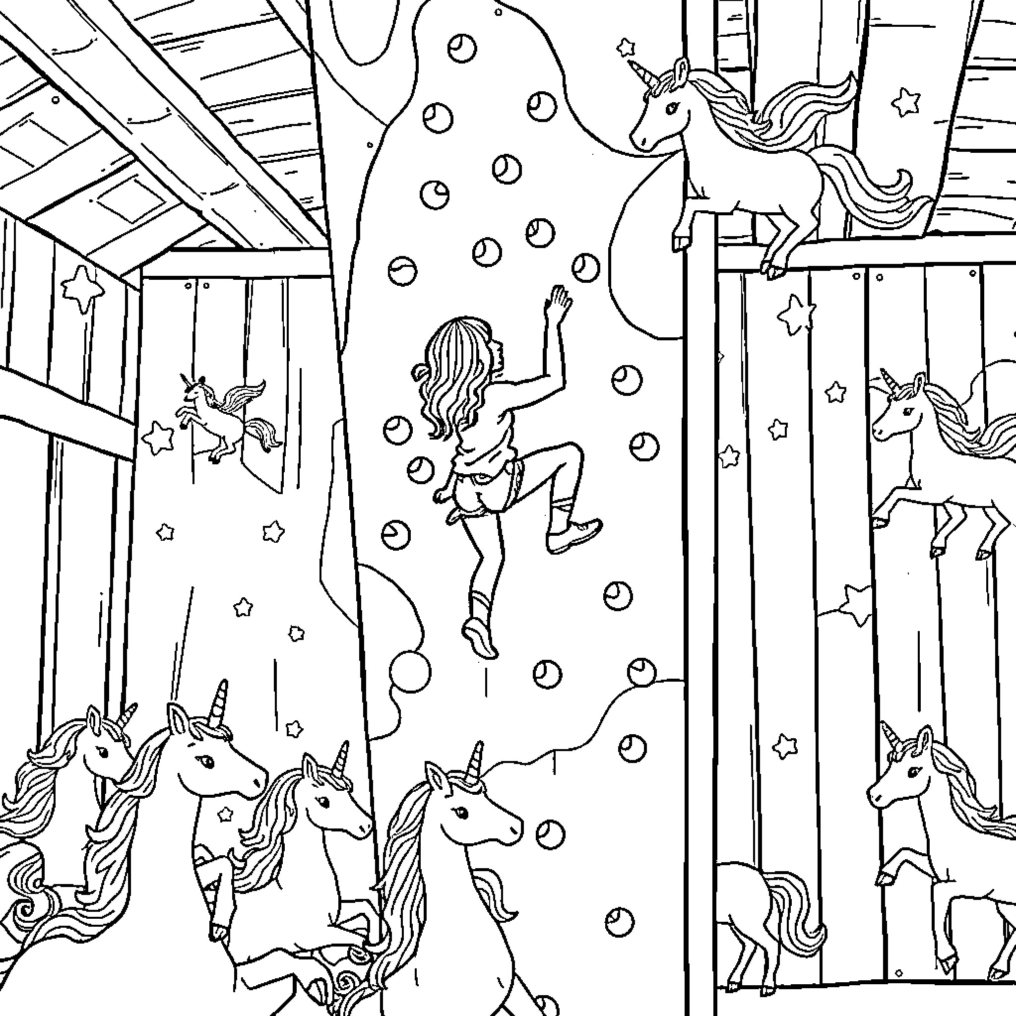Girl Playing Amongst Magical Unicorns Coloring Page (free black-and-white line drawing printable PDF for all, from beginners to advanced learners, including children, teens, adults, and seniors)