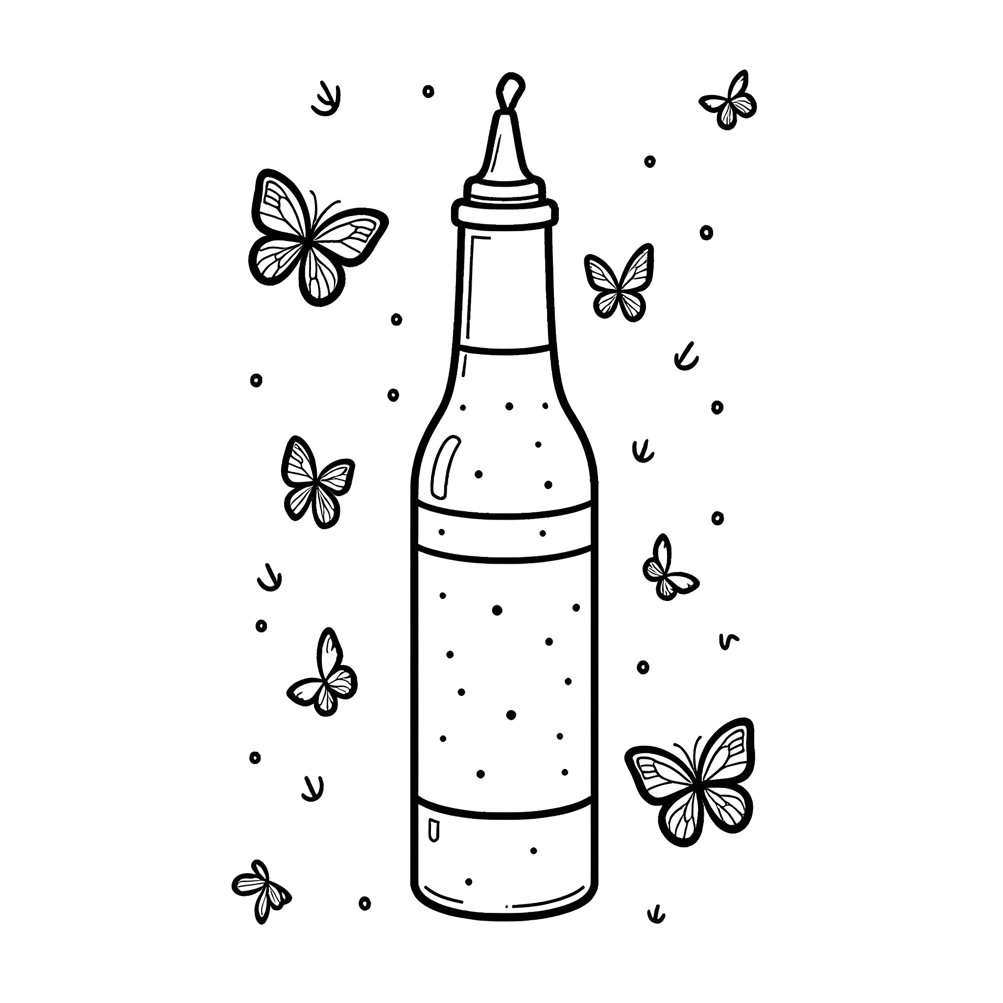 Butterfly Bottle with Playful Butterflies Coloring Page (free black-and-white line drawing printable PDF for all, from beginners to advanced learners, including children, teens, adults, and seniors)