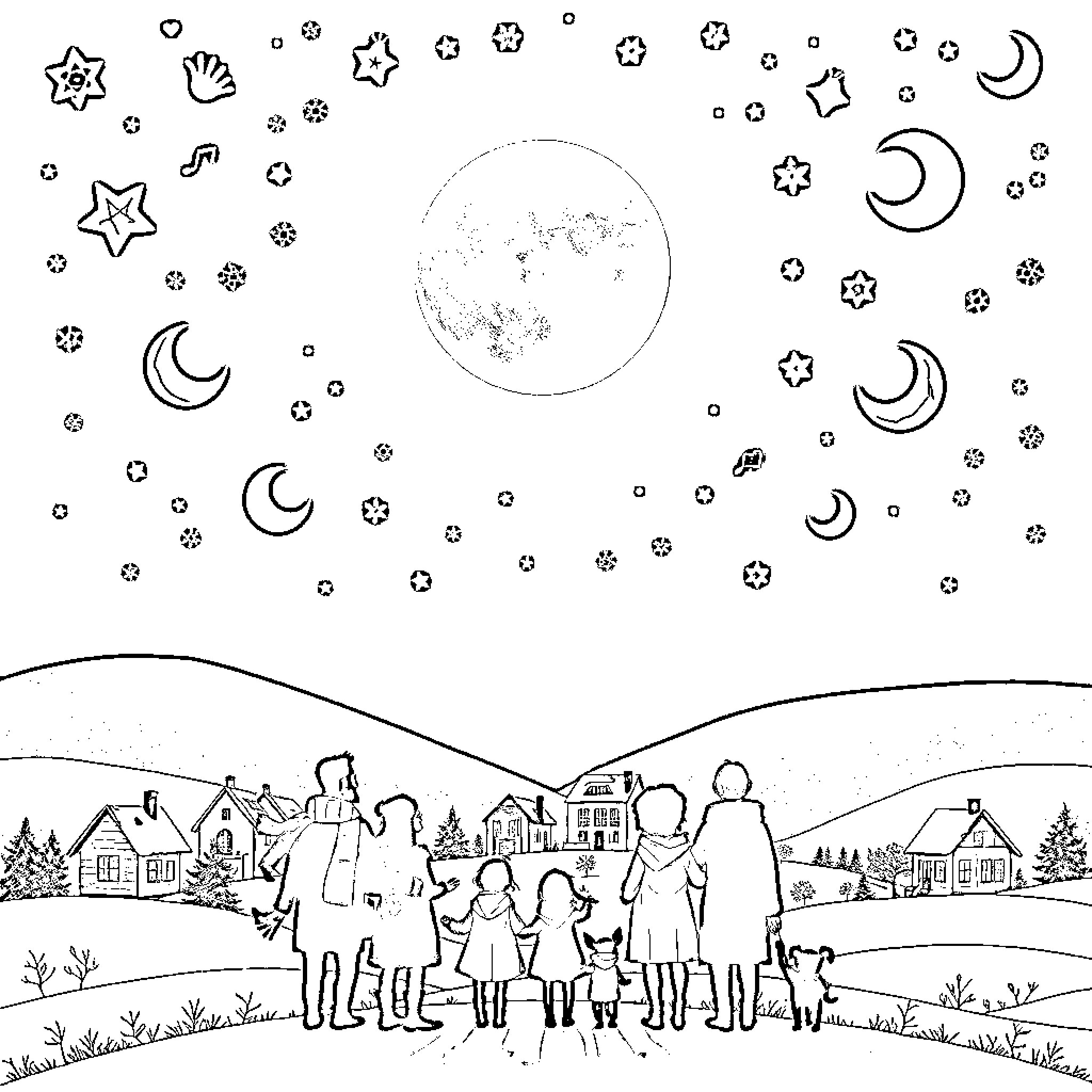 Moon and Stars Shining Over a Cozy Village Coloring Page (free black-and-white line drawing printable PDF for all, from beginners to advanced learners, including children, teens, adults, and seniors)