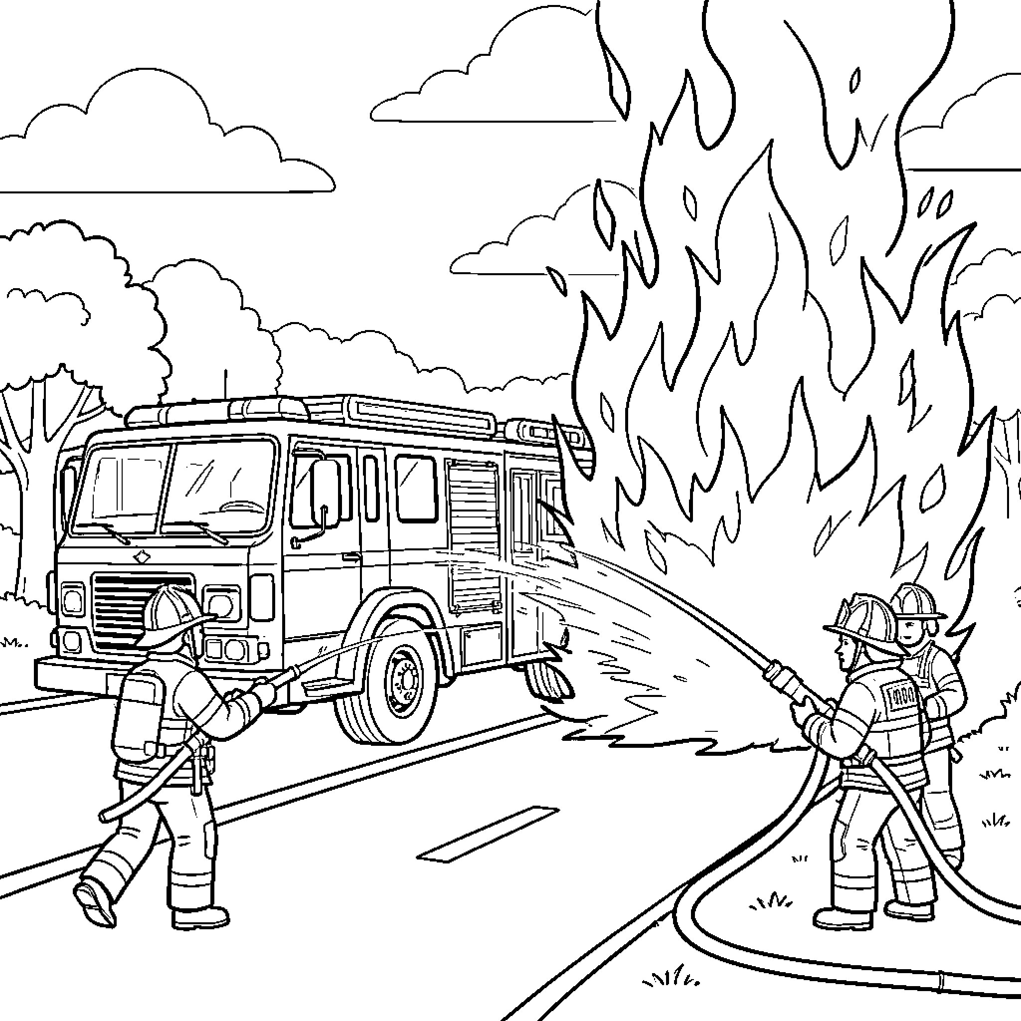 Fire Truck and firefighters battling large flames Coloring Page (free black-and-white line drawing printable PDF for all, from beginners to advanced learners, including children, teens, adults, and seniors)