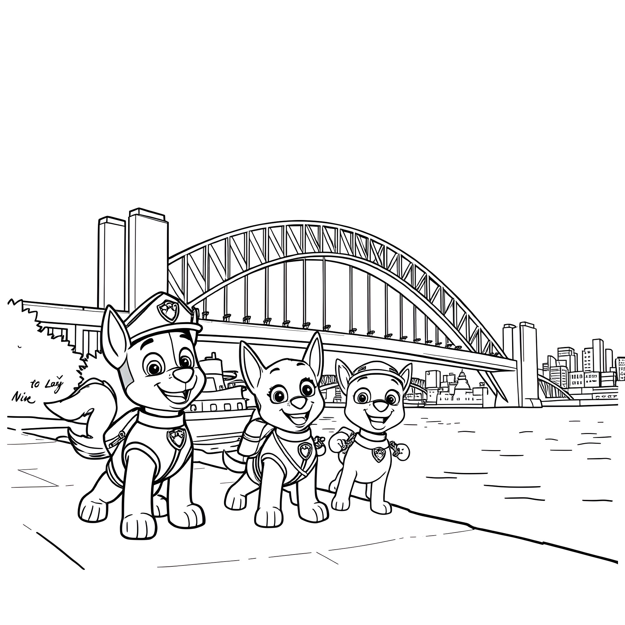 Paw Patrol enjoying the sights of Sydney Harbour Bridge Coloring Page (free black-and-white line drawing printable PDF for all, from beginners to advanced learners, including children, teens, adults, and seniors)