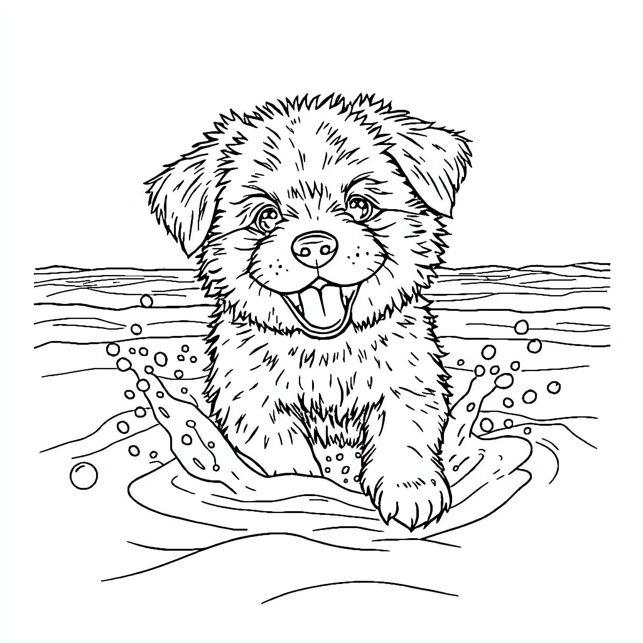 Puppy playing happily in the water Coloring Page (free black-and-white line drawing printable PDF for all, from beginners to advanced learners, including children, teens, adults, and seniors)
