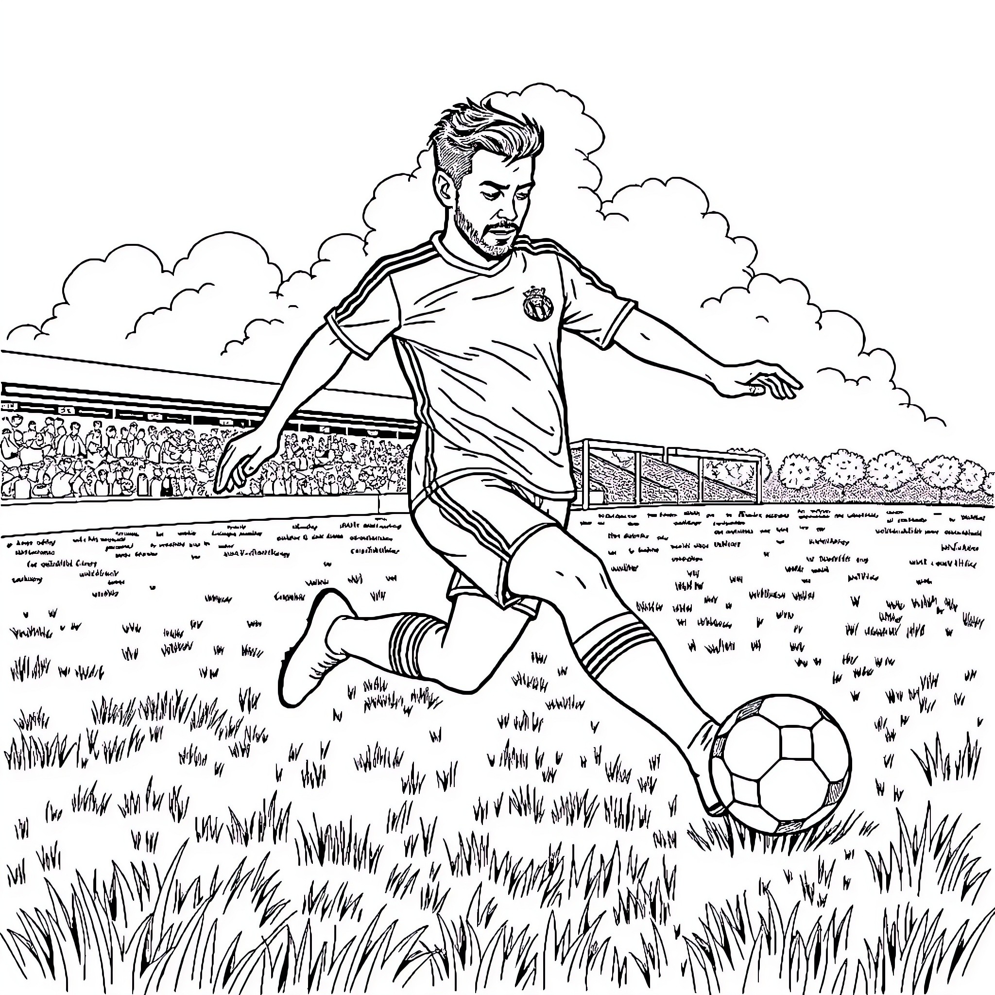 Soccer Player Dribbling Ball on Grassy Field Coloring Page (free black-and-white line drawing printable PDF for all, from beginners to advanced learners, including children, teens, adults, and seniors)