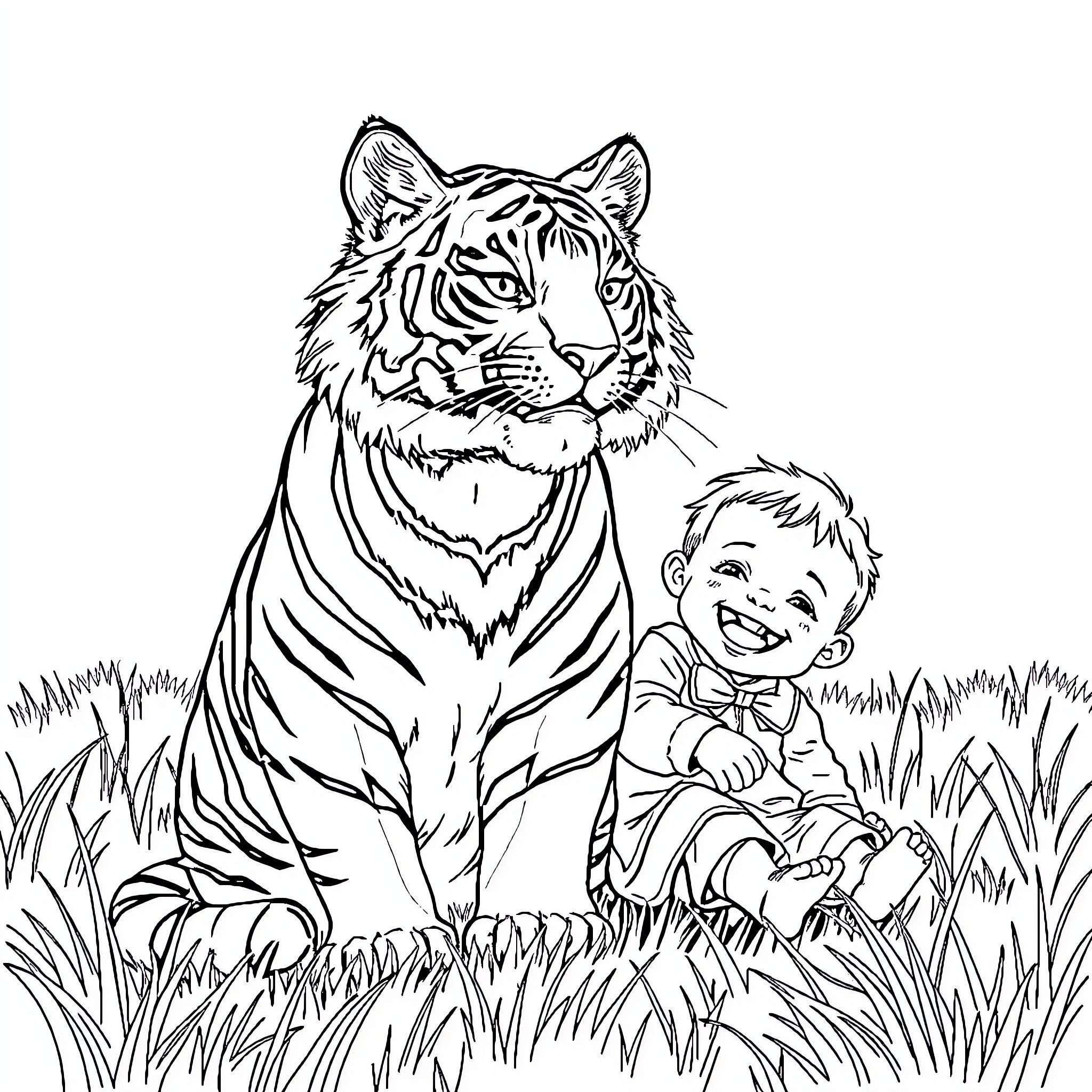 Chat with a Gentle Tiger in the Meadow Coloring Page (free black-and-white line drawing printable PDF for all, from beginners to advanced learners, including children, teens, adults, and seniors)