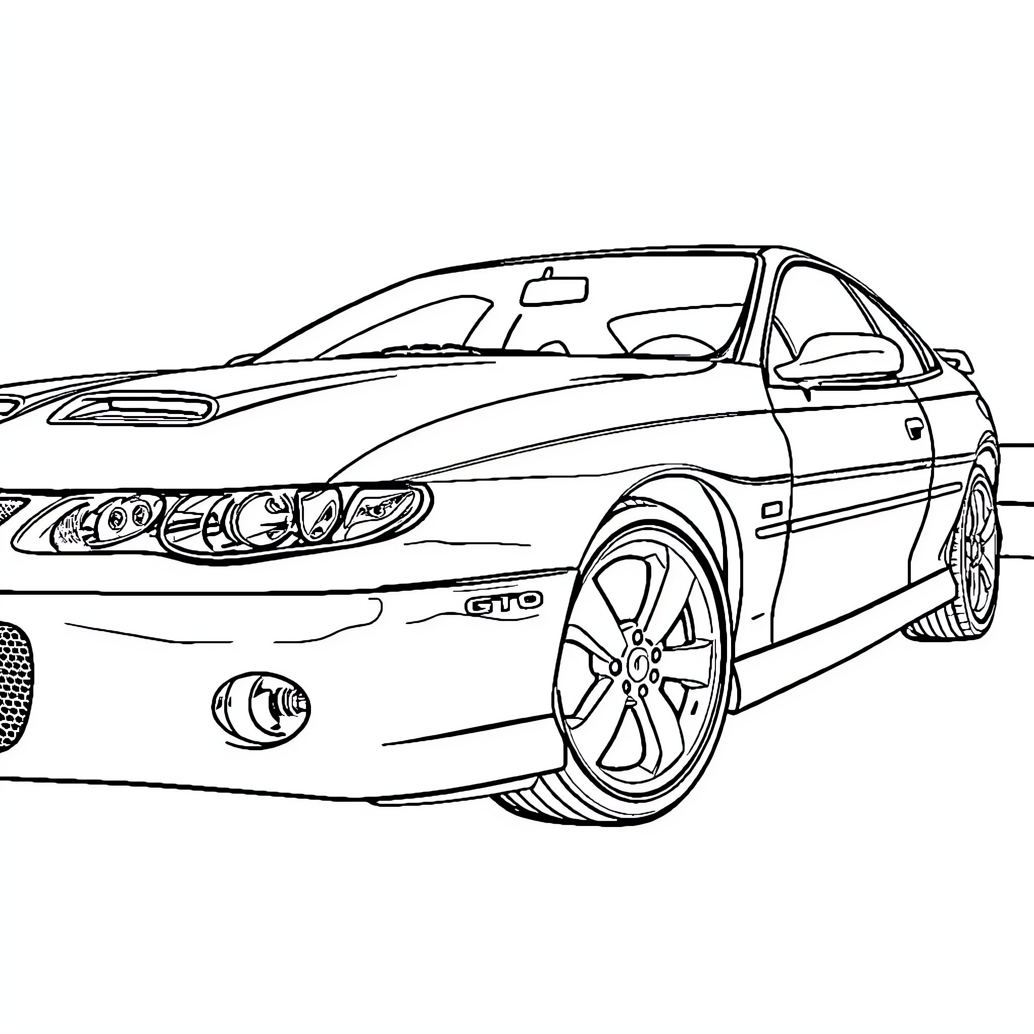 Pontiac GTO muscle car in motion Coloring Page (free black-and-white line drawing printable PDF for all, from beginners to advanced learners, including children, teens, adults, and seniors)