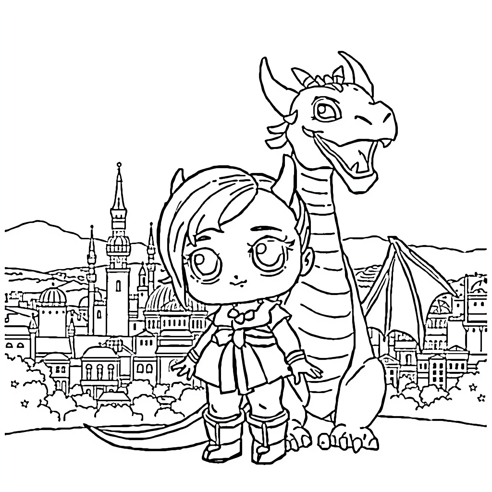Doll and Dragon in a Fantastical City Coloring Page (free black-and-white line drawing printable PDF for all, from beginners to advanced learners, including children, teens, adults, and seniors)