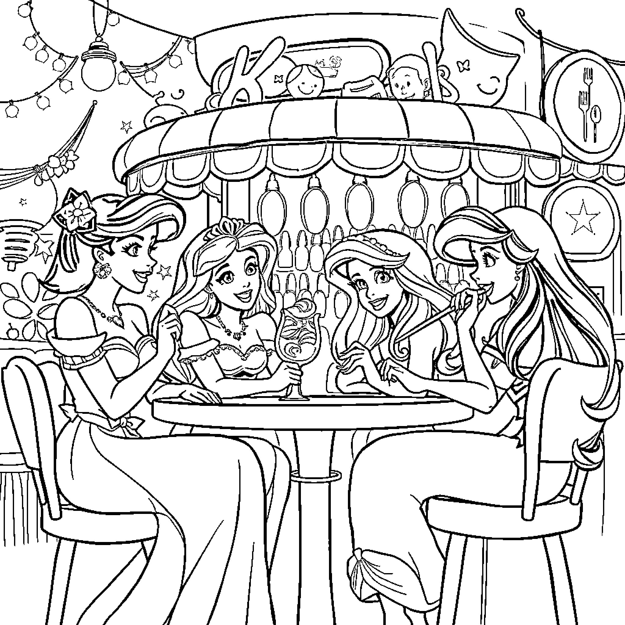 Princess Enjoying a Festive Gathering with Friends Coloring Page (free black-and-white line drawing printable PDF for all, from beginners to advanced learners, including children, teens, adults, and seniors)