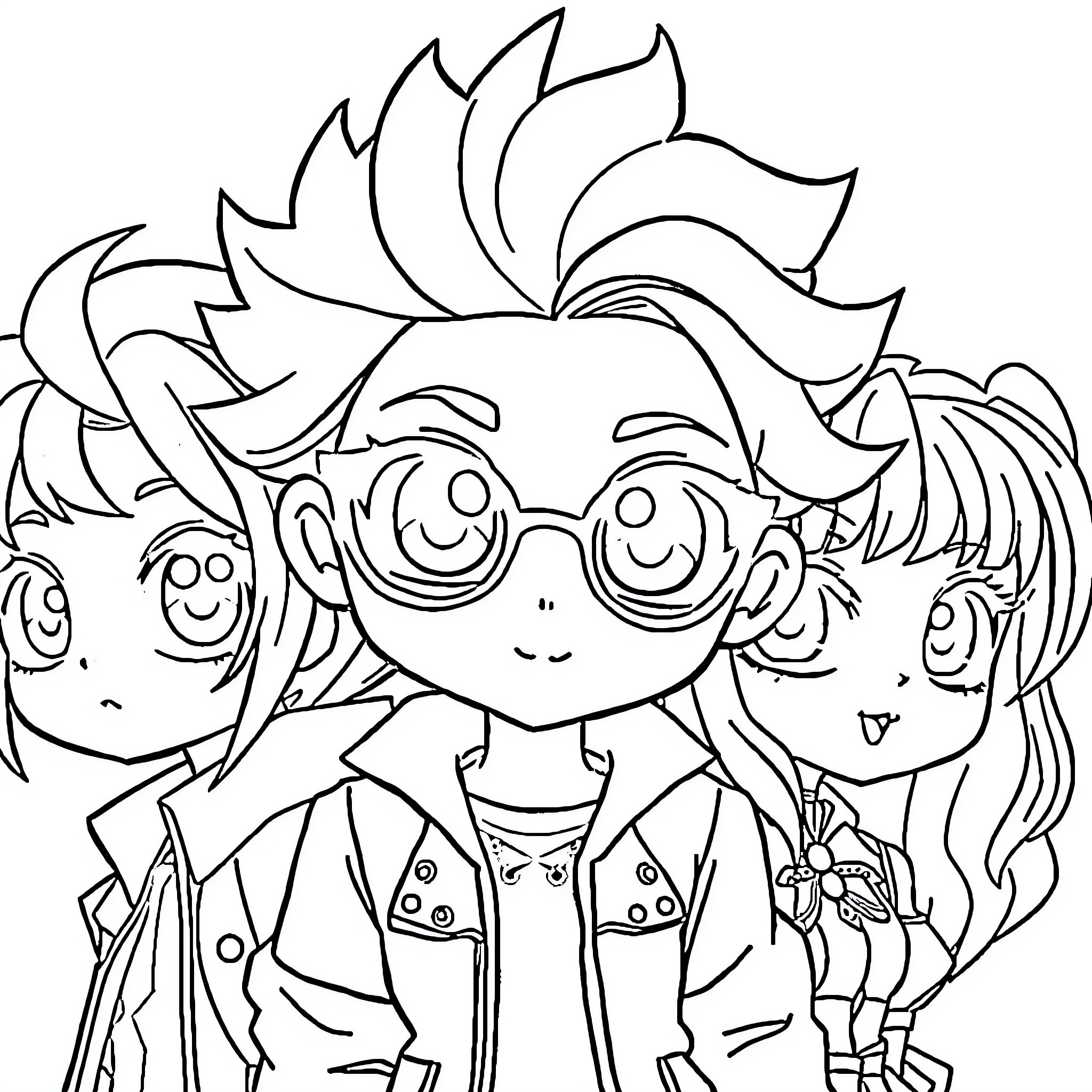Anime Characters in Trendy Outfits Coloring Page (free black-and-white line drawing printable PDF for all, from beginners to advanced learners, including children, teens, adults, and seniors)