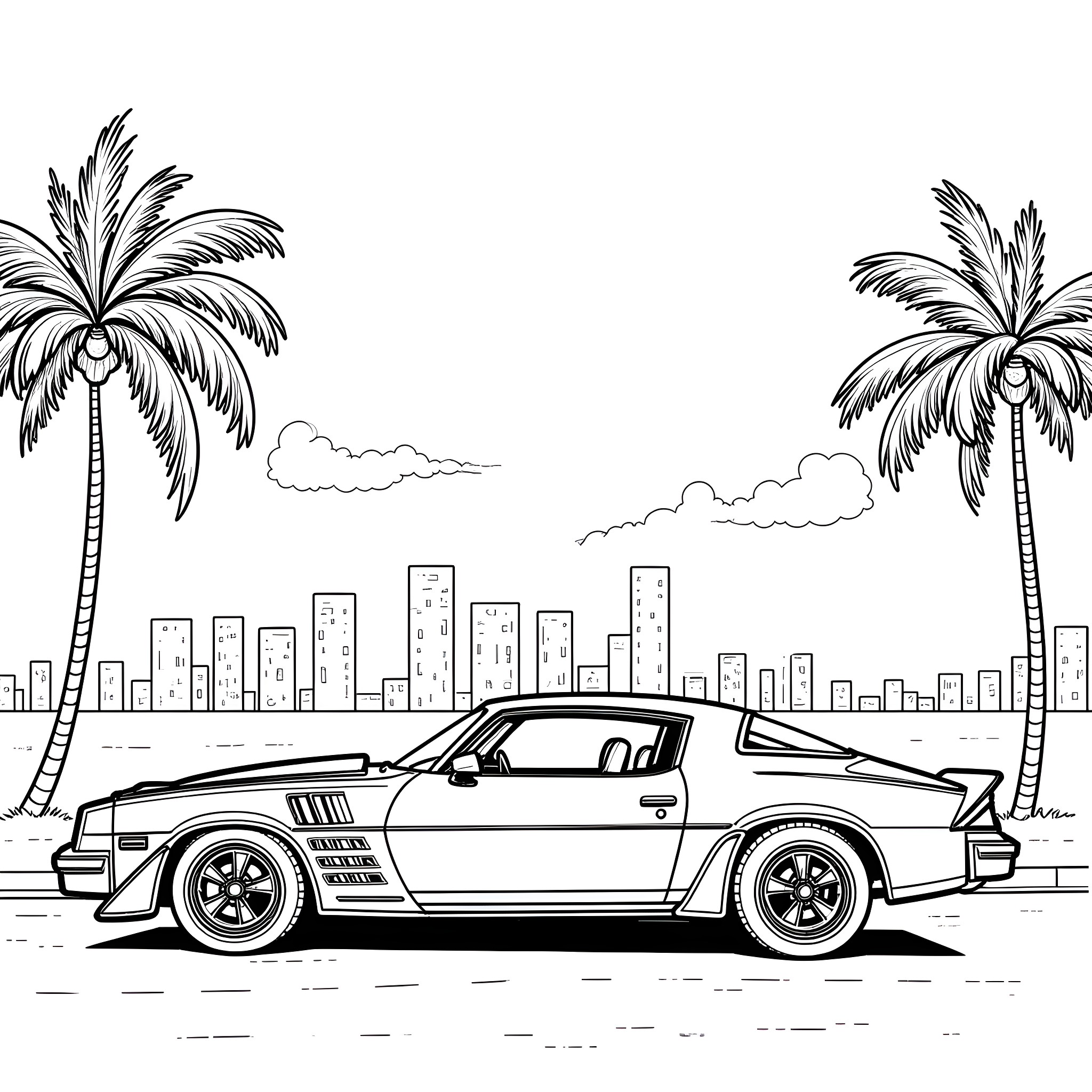Camaro sports car on city streets with palm trees Coloring Page (free black-and-white line drawing printable PDF for all, from beginners to advanced learners, including children, teens, adults, and seniors)