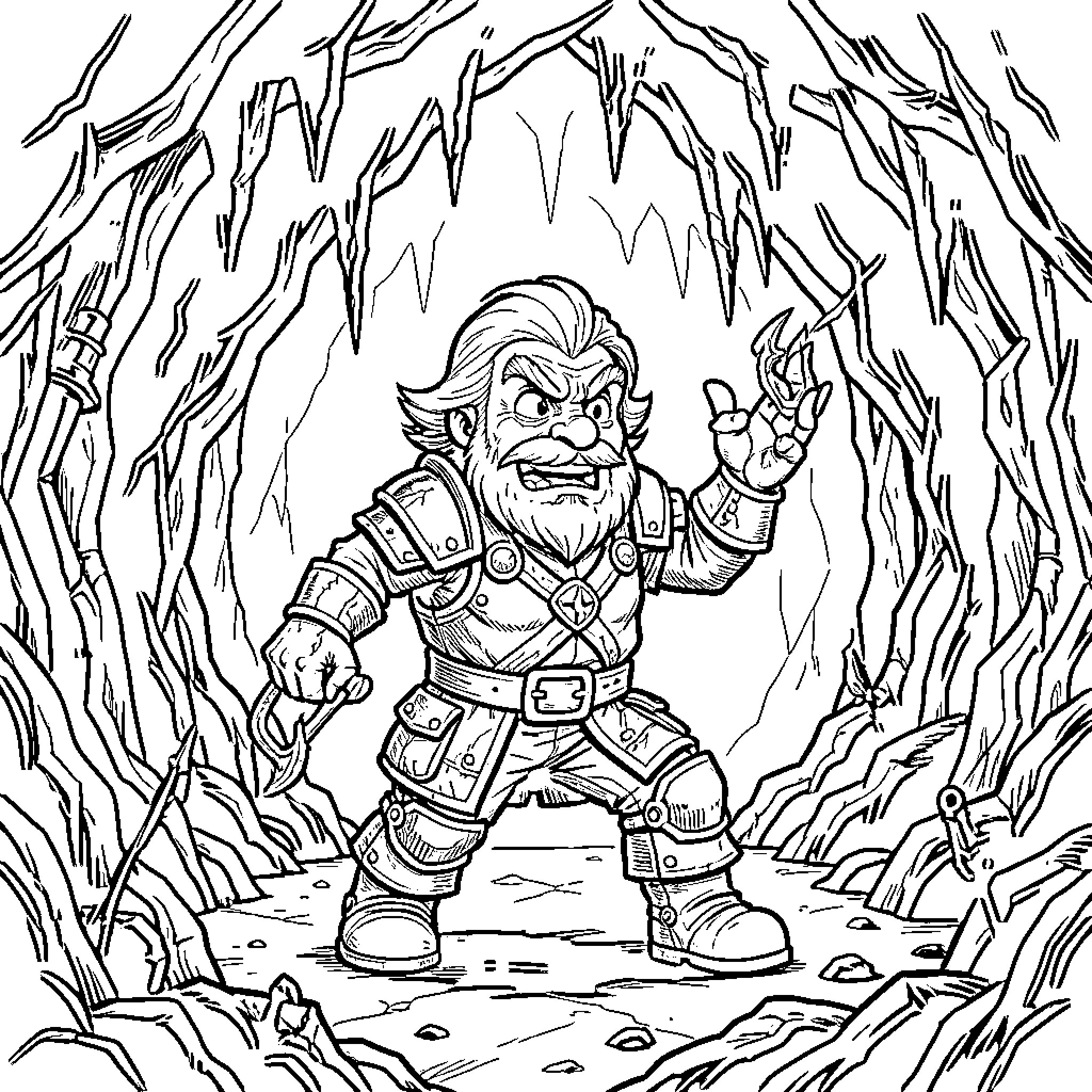 Carl the Fearless Dwarf Warrior in Rugged Terrain Coloring Page (free black-and-white line drawing printable PDF for all, from beginners to advanced learners, including children, teens, adults, and seniors)