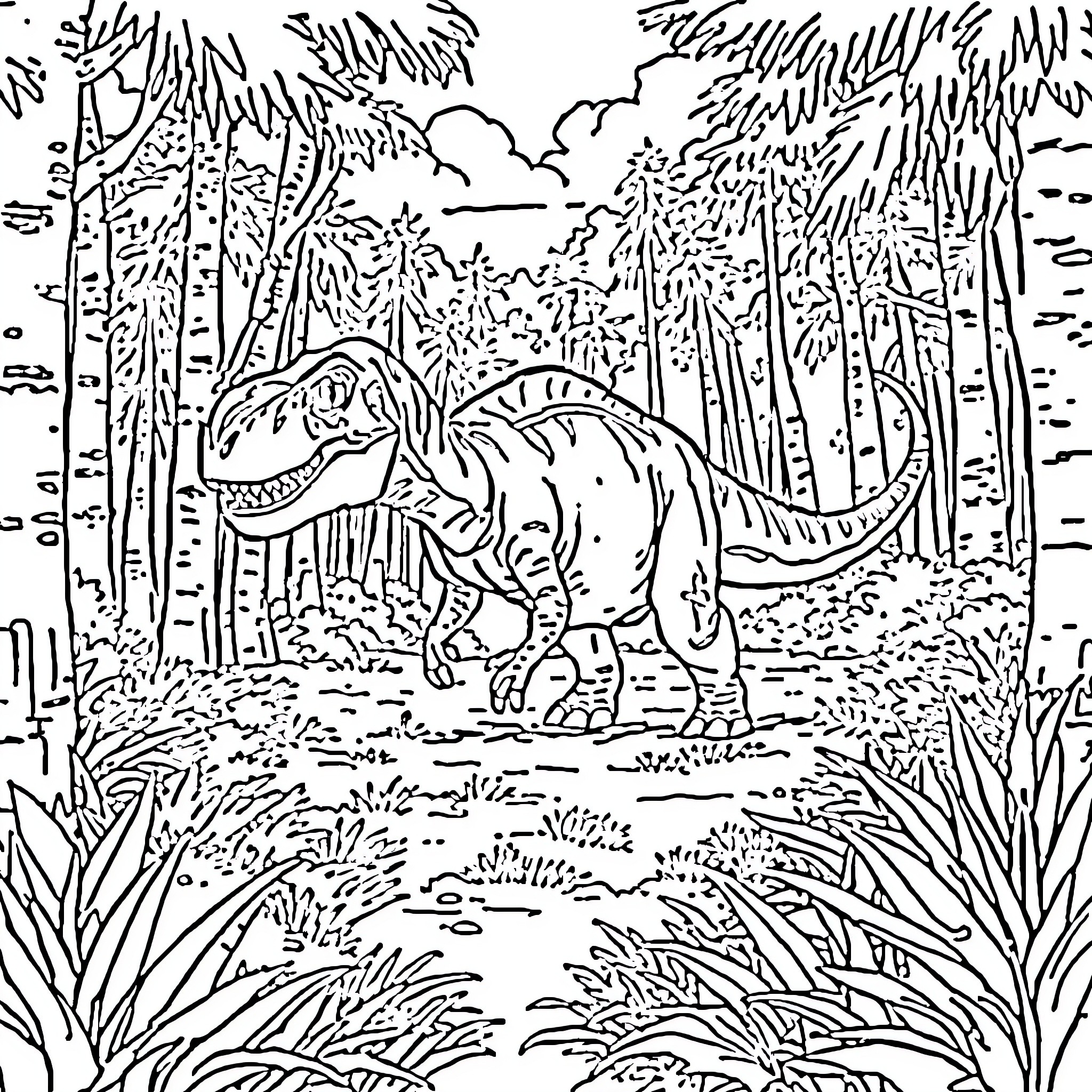 Dinosaur roaming through the lush forest Coloring Page (free black-and-white line drawing printable PDF for all, from beginners to advanced learners, including children, teens, adults, and seniors)