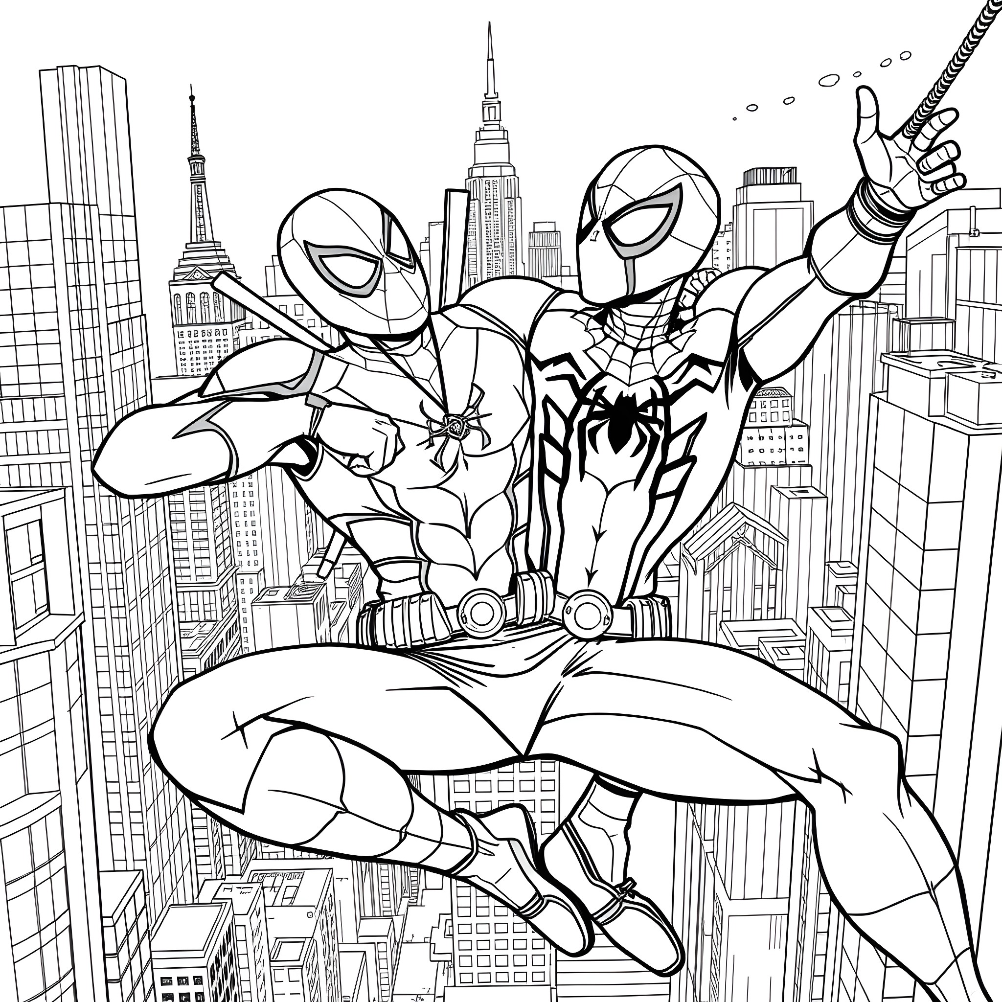 Deadpool and Spider-Man Heroic Duo in the City Coloring Page (free black-and-white line drawing printable PDF for all, from beginners to advanced learners, including children, teens, adults, and seniors)