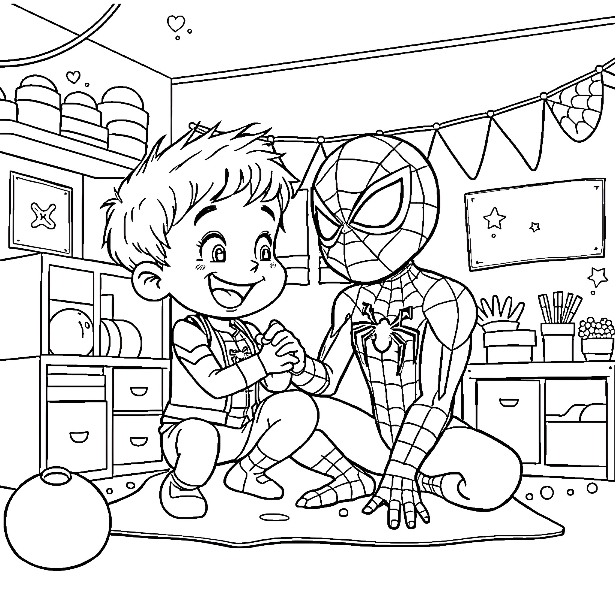 Buey Playing Happily with Superhero in Bedroom Coloring Page (free black-and-white line drawing printable PDF for all, from beginners to advanced learners, including children, teens, adults, and seniors)