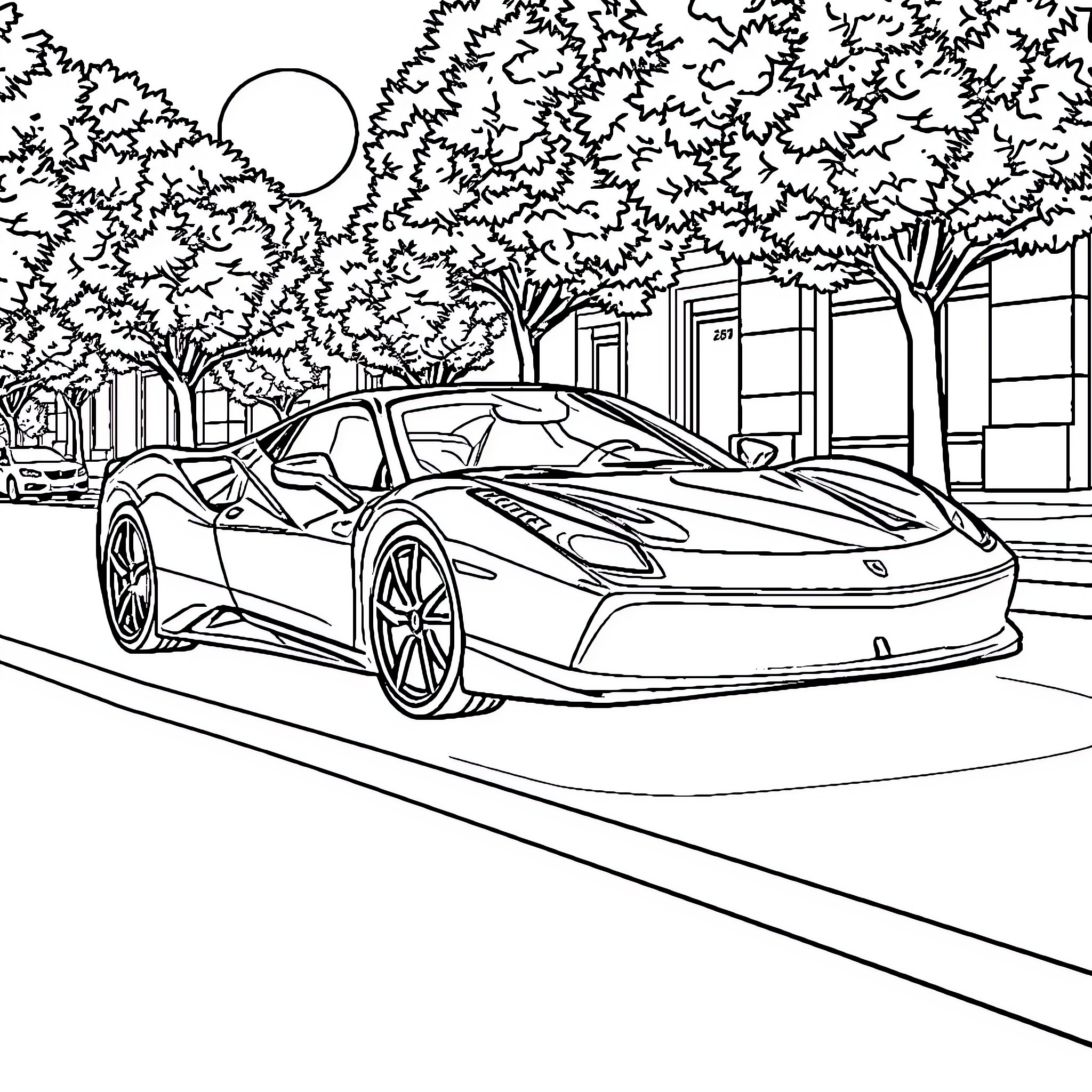 Ferrari sports car on a city street Coloring Page (free black-and-white line drawing printable PDF for all, from beginners to advanced learners, including children, teens, adults, and seniors)